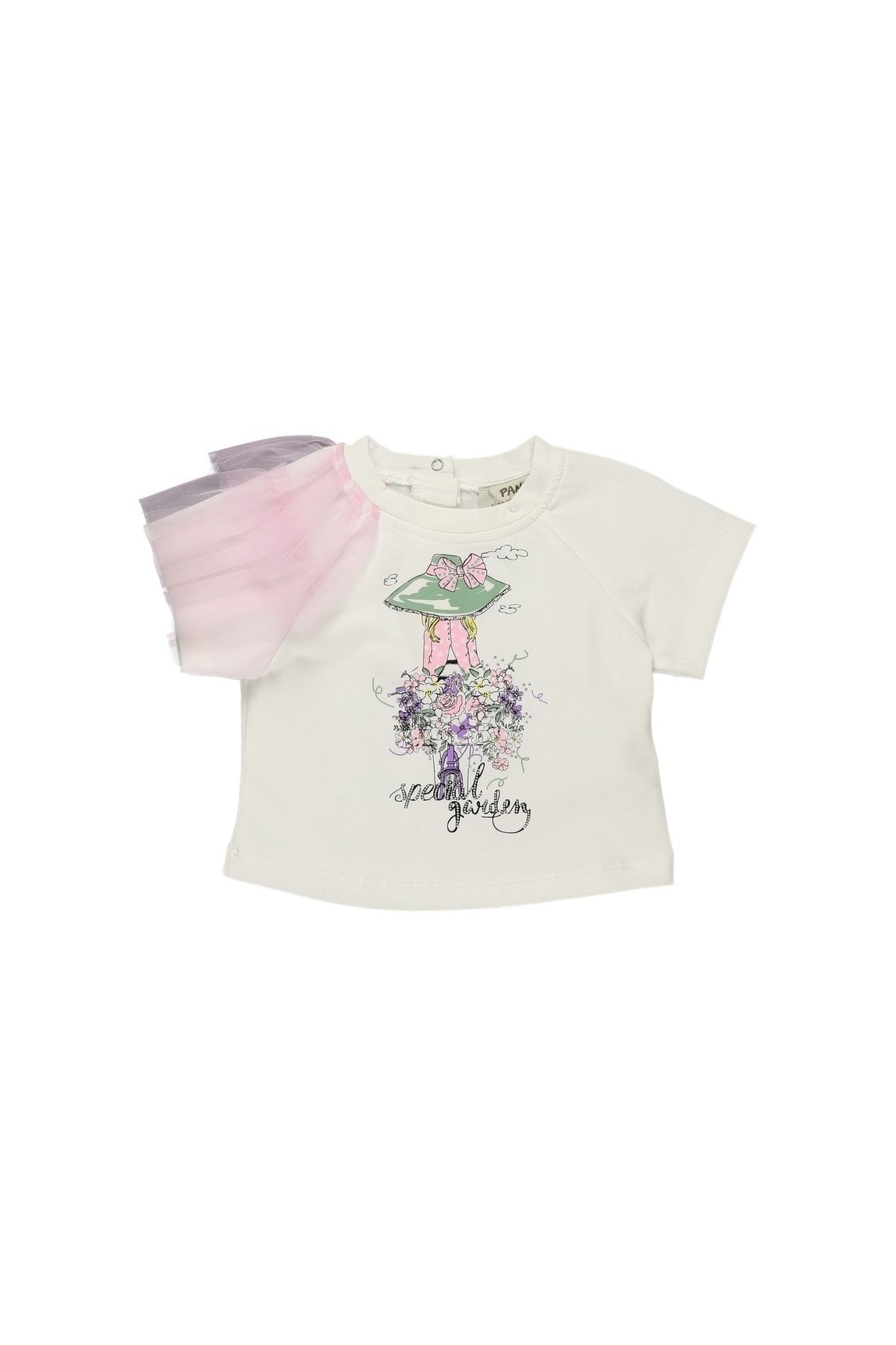 Panço Kız Bebek Kolu Tül Detaylı Kısa Kollu T-shirt