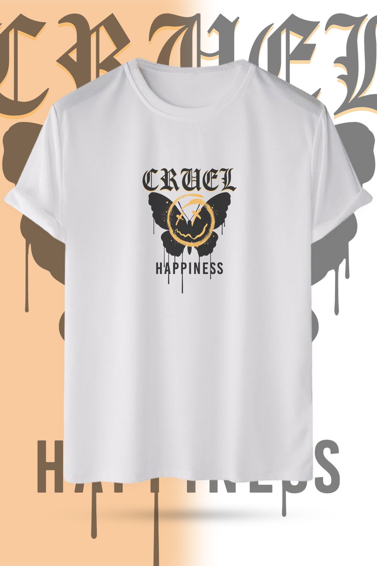 WebStyle Cruel Happiness Pamuklu Bisiklet Yaka Baskılı Beyaz Kısa Kollu Unisex Tişört