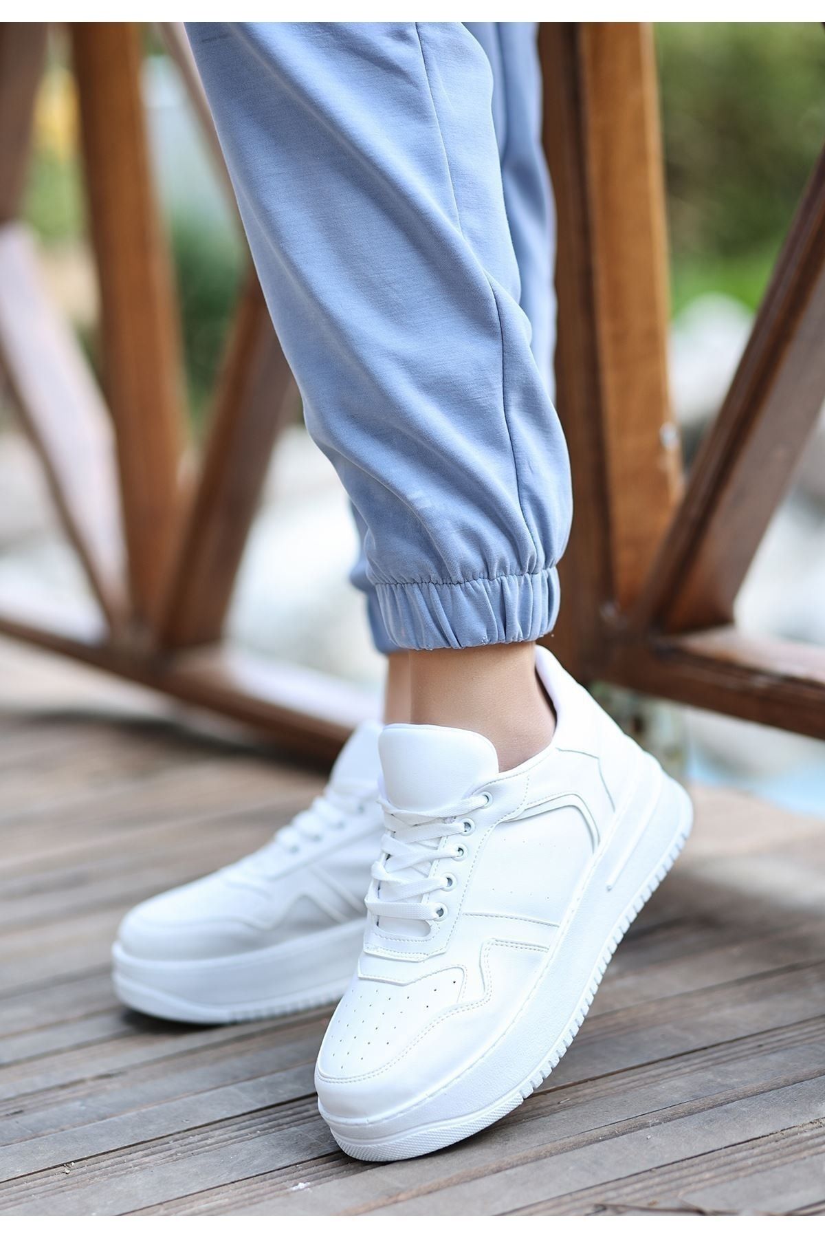 otuzbesshoes Condi Mat Deri Bağıcıklı Kadın Spor Ayakkabı Beyaz
