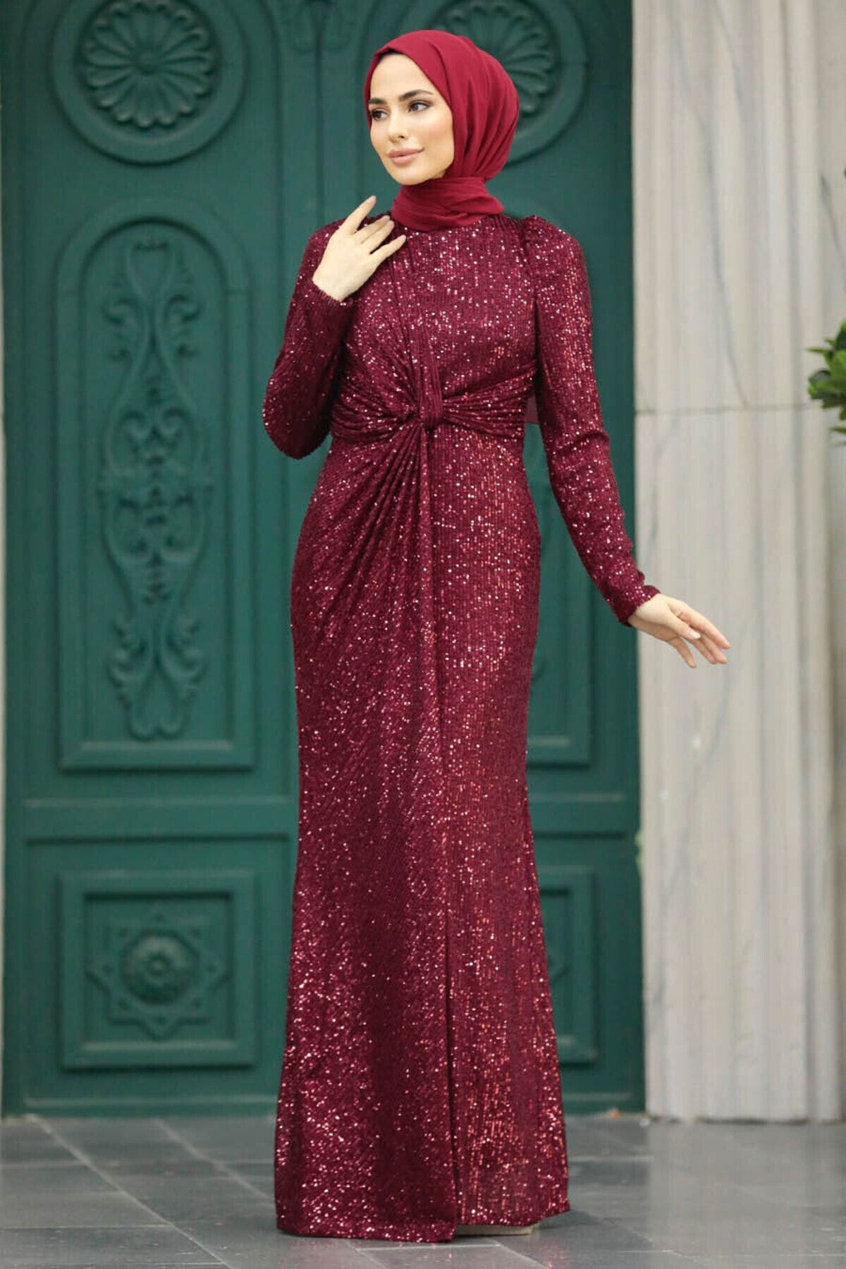 Neva Style Tesettürlü Abiye Elbise - Pul İşlemeli Bordo Tesettür Abiye Elbise 40831BR