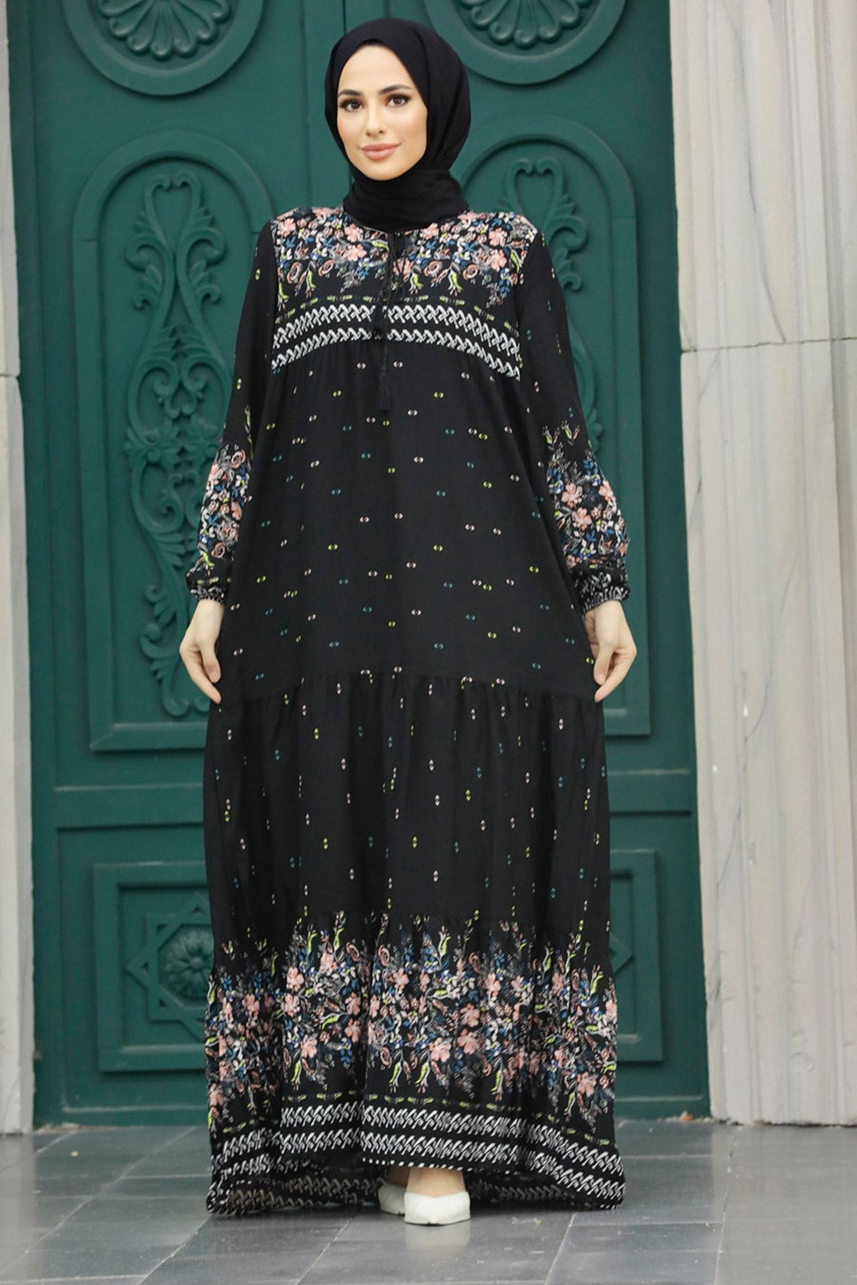 Neva Style - Desenli Siyah Tesettür Elbise 50095S