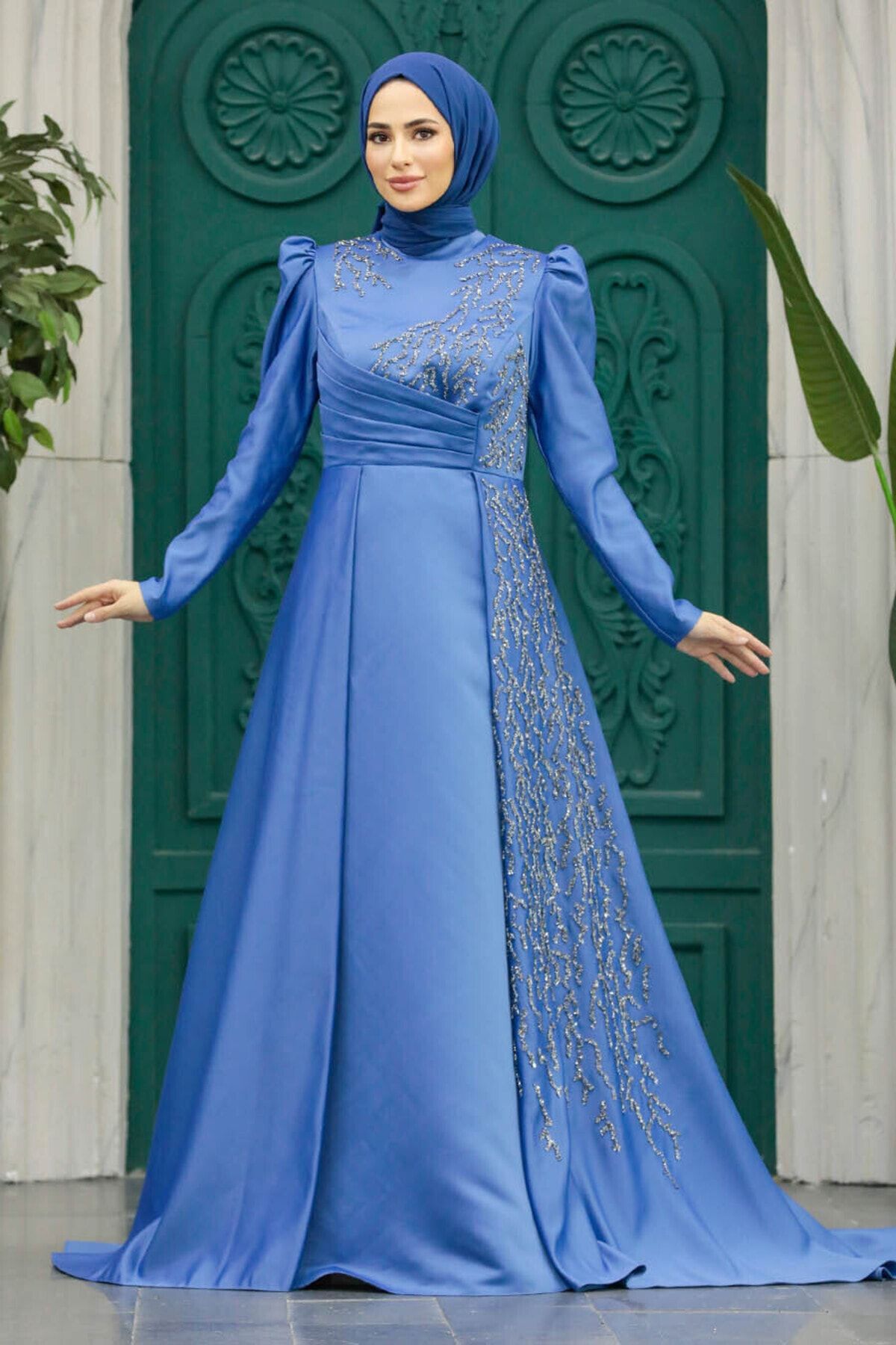 Neva Style Tesettür Abiye Elbise - Boncuk İşlemeli İndigo Mavisi Tesettür Abiye Elbise 2295IM