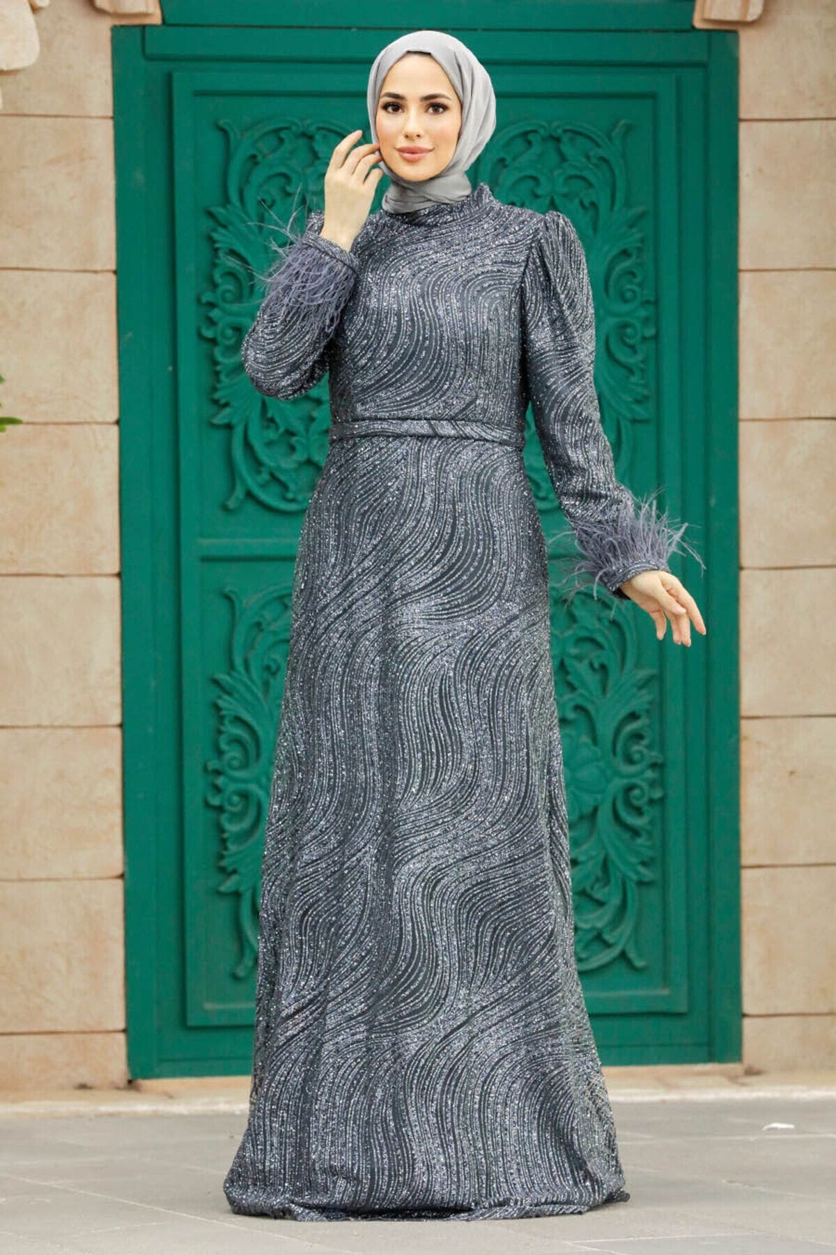 Neva Style Tesettür Abiye Elbise - Simli Antrasit Tesettür Abiye Elbise 2323ANT
