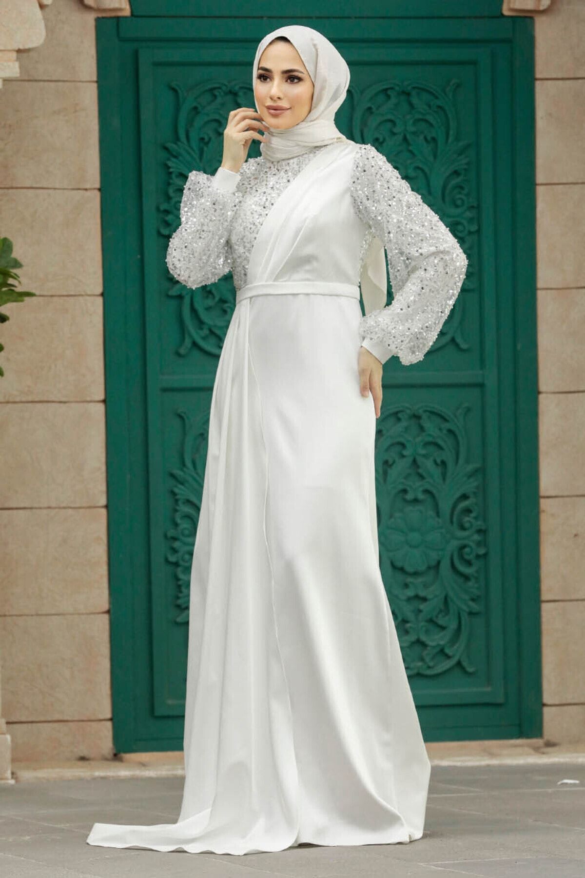Neva Style Tesettür Abiye Elbise - Pul İşlemeli Ekru Tesettür Abiye Elbise 2311E