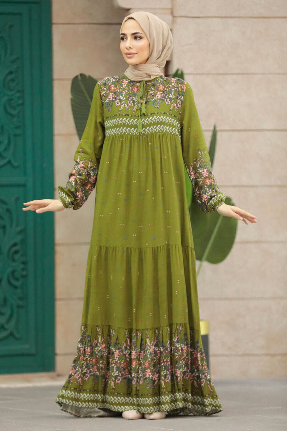 Neva Style - Desenli Yağ Yeşili Tesettür Elbise 50095YY
