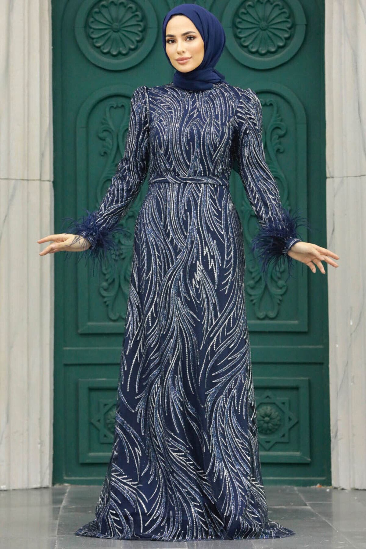 Neva Style Tesettür Abiye Elbise - Simli Lacivert Tesettür Abiye Elbise 23061L
