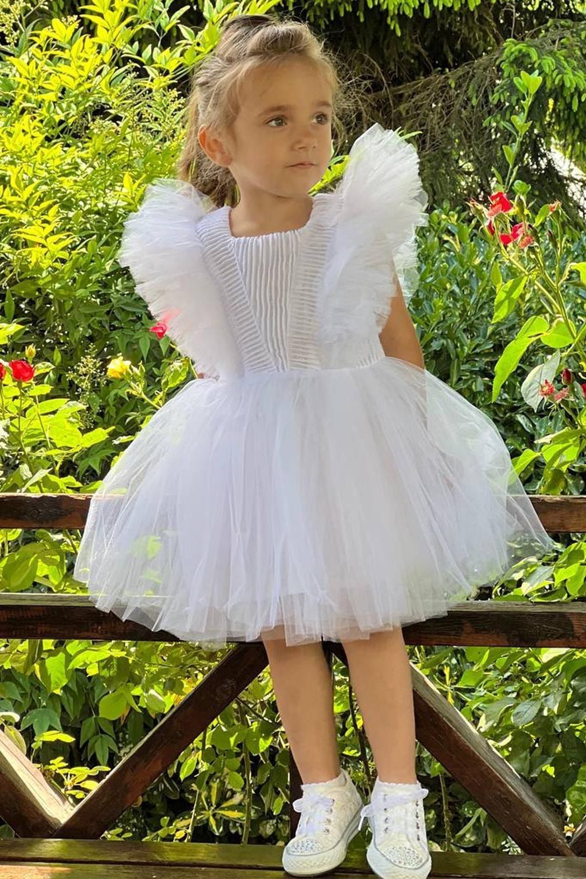 Riccotarz Kız Çocuk Sıfır Kol Simli Fiyonk Detaylı Tüllü Beyaz Elbise