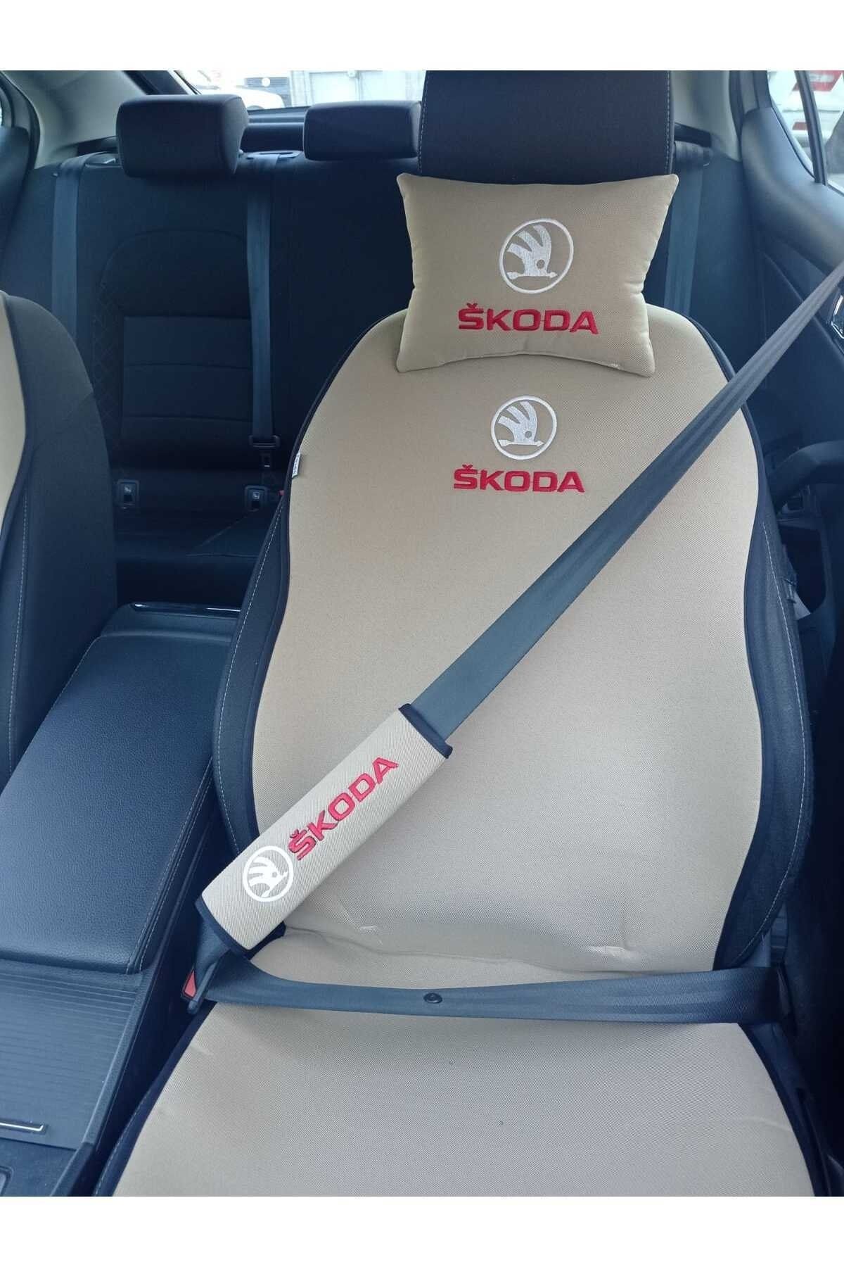 Autokit Skoda Superb oto koltuk minderi ortopedik ön ikili boyun yastık ve kemerlik logo işlemeli