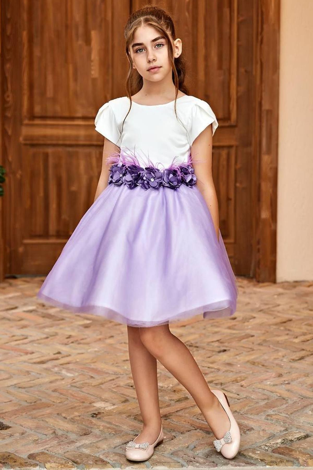 Riccotarz Kız Çocuk Beli Çiçekli Ve Tokalı Eteği Kabarık Tüllü Lila Elbise