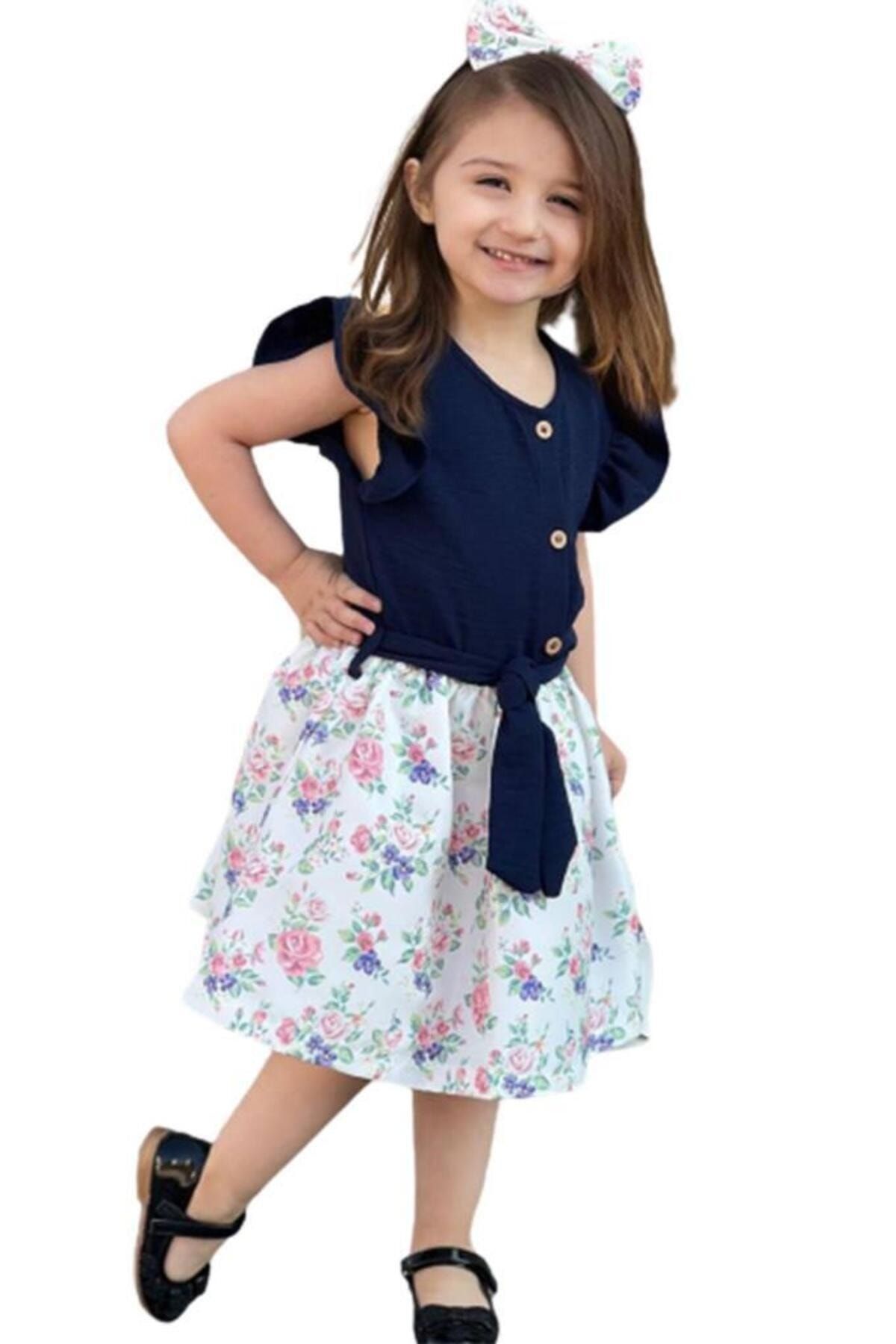 Riccotarz Kız Çocuk Önü Düğme Detaylı Gül Baskılı Fırfır Kollu Eteği Kabarık Lacivert Elbise 2-10yaş