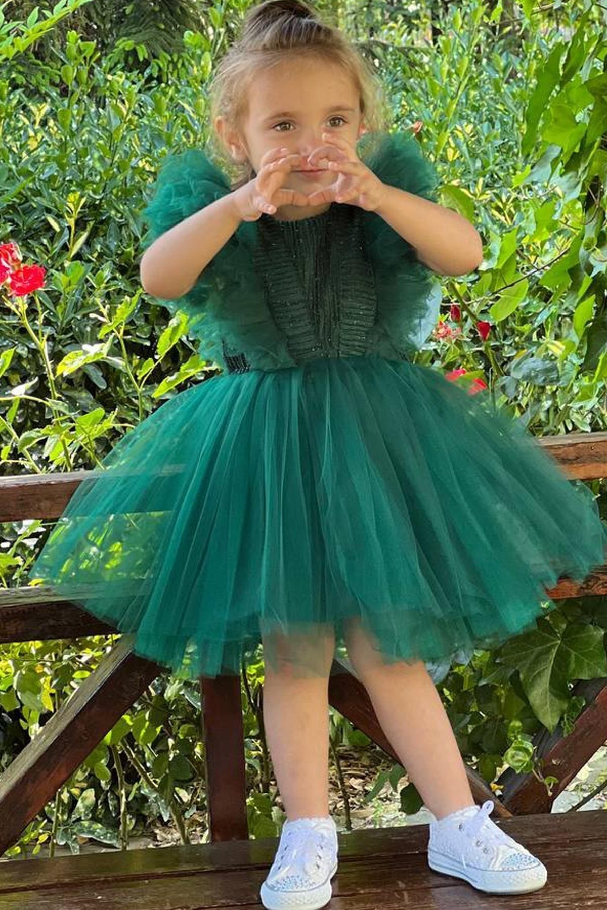 Riccotarz Kız Çocuk Sıfır Kol Simli Fiyonk Detaylı Tüllü Yeşil Elbise