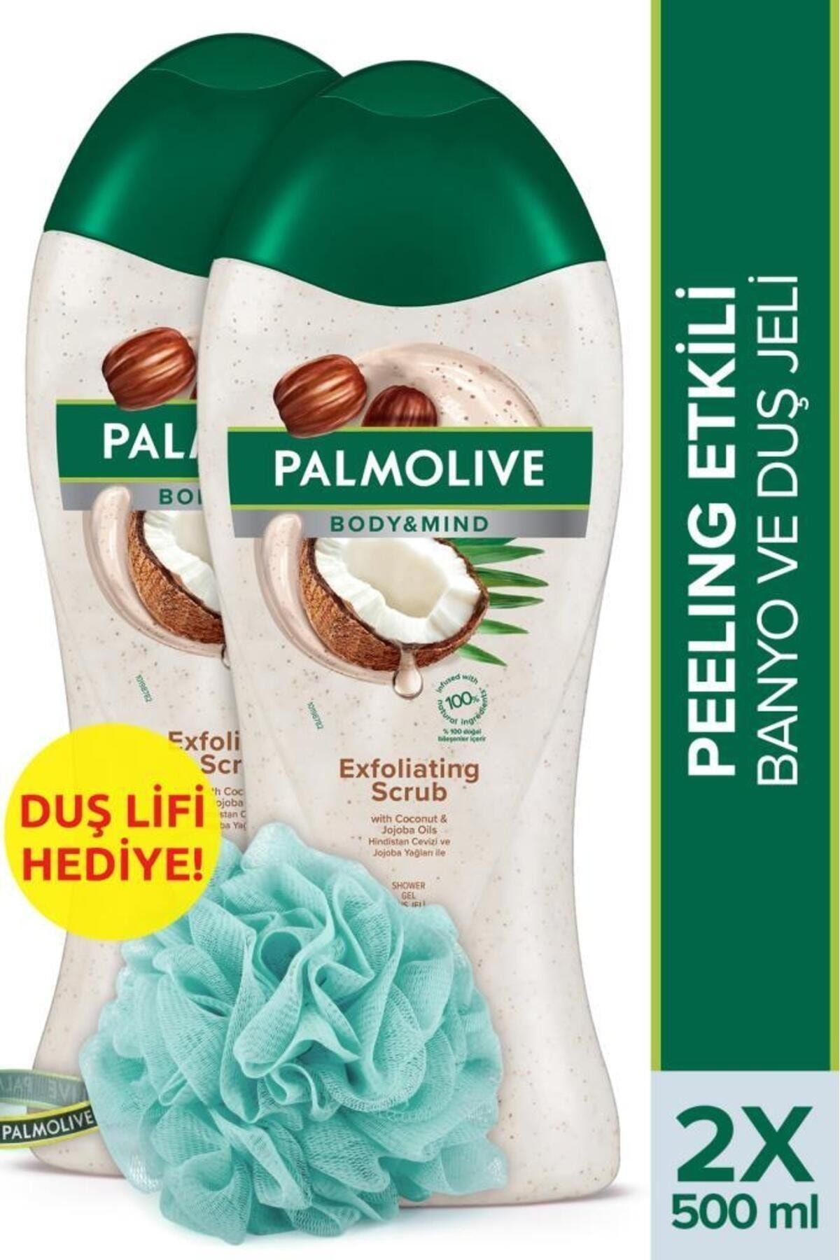 Palmolive Body & Mind Hindistan Cevizi Peeling Etkili Banyo ve Duş Jeli 500 ml x2 Adet + Duş Lifi
