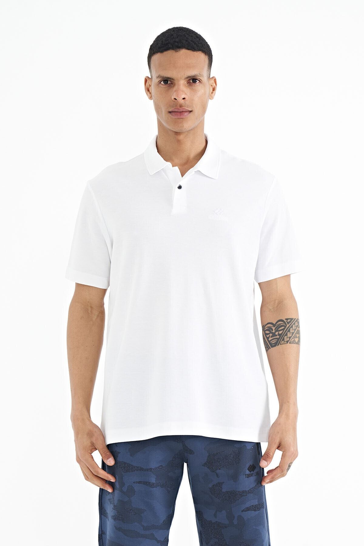 TOMMY LIFE Beyaz Polo Yaka Logo Nakışlı Standart Form Erkek T-shirt - 88237