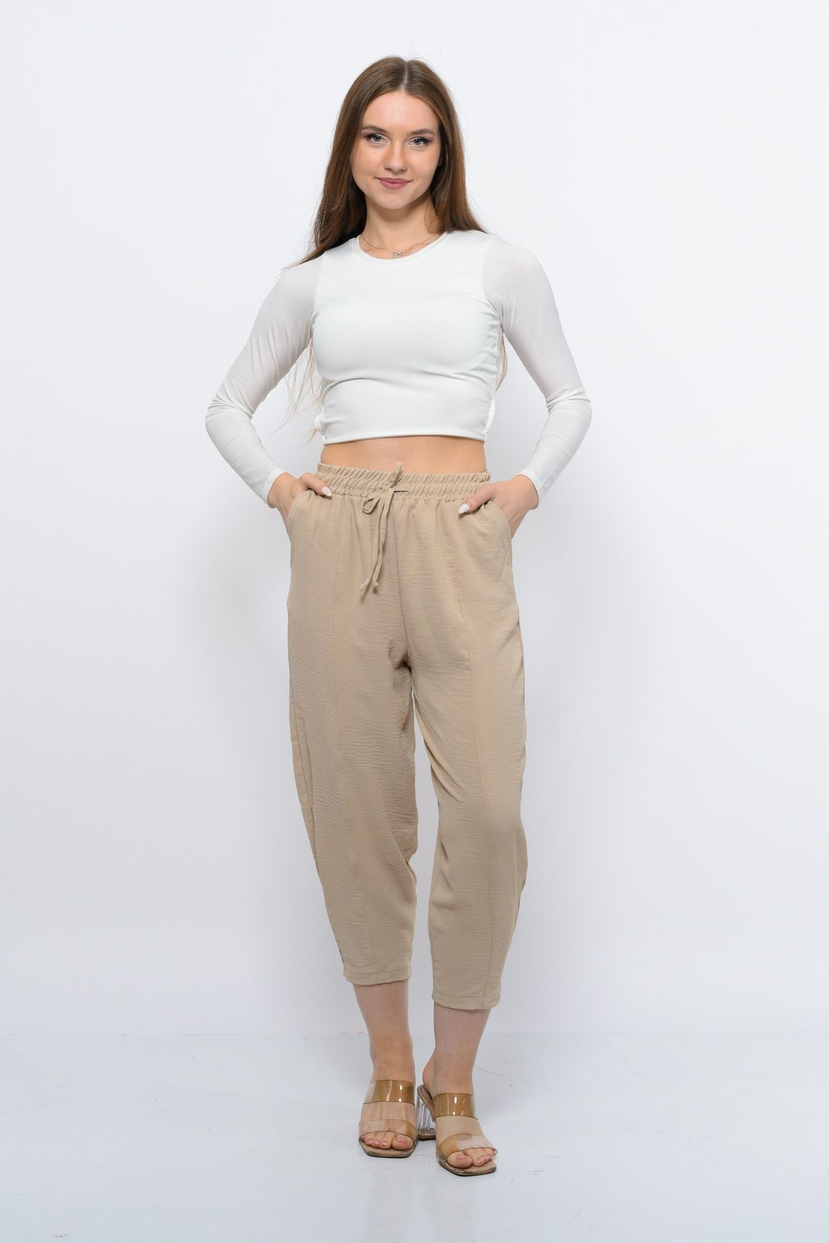 Sh Mağazacılık Ince Yazlık Kadın Yüksek Bel Rahat Salaş Pamuklu Slouchy Fit Basic Beli Lastikli Bilek Boy Pantolon