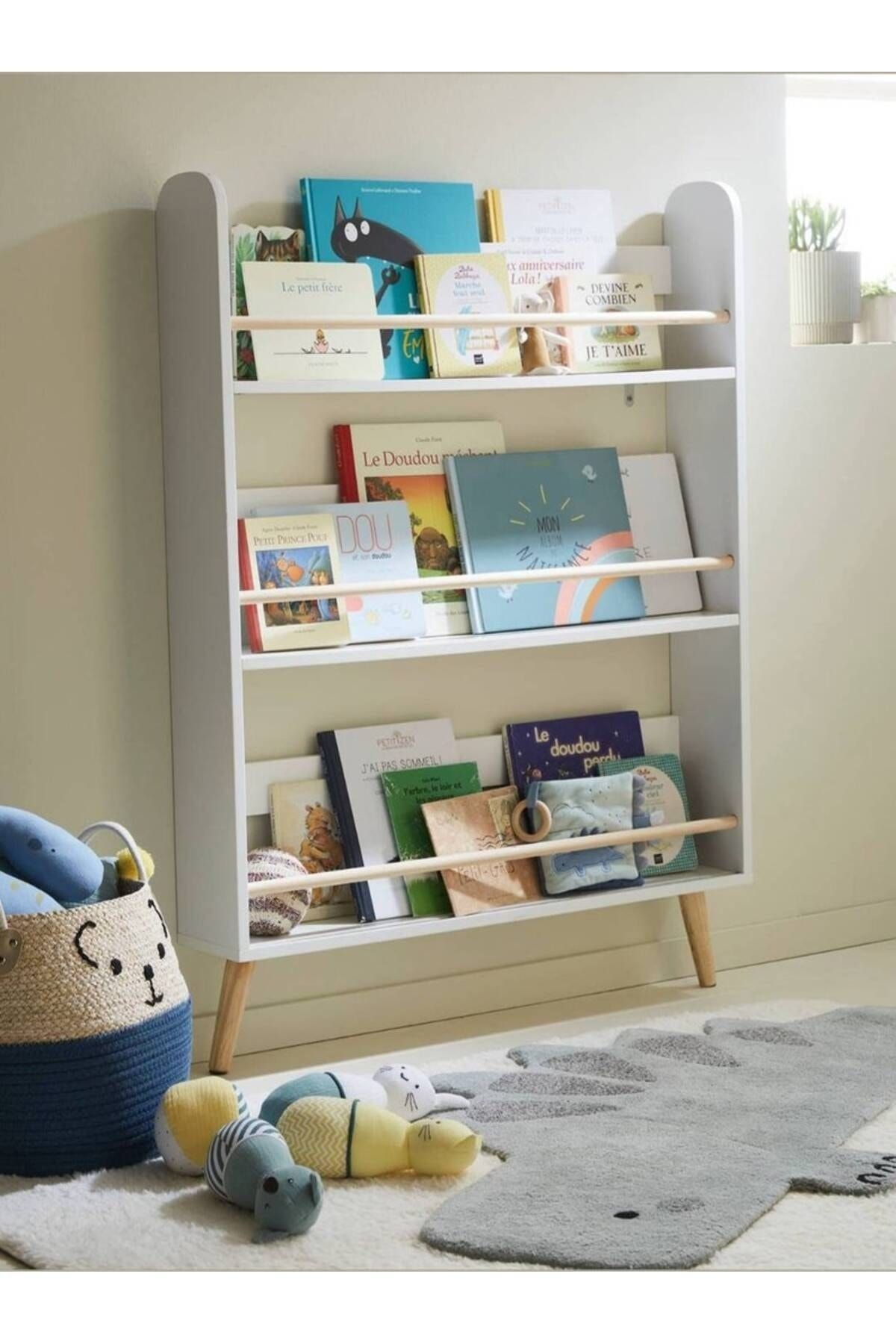 Ahsel Ahşap Montessori Çocuk Odası Mobilyası Modern Duvar Kitaplığı, Ayaklı Kitaplık, Dekoratif Çocuk Odası Kitaplığı