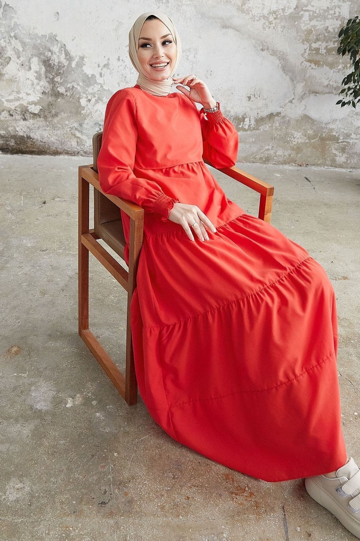 InStyle Tek Kat Detay Salaş Elbise - Kırmızı