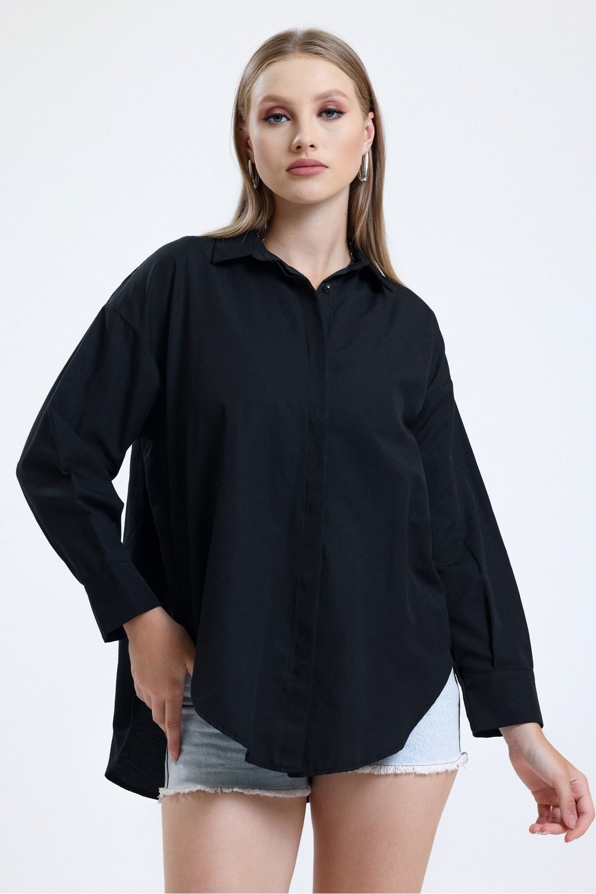 MD trend Kadın Siyah Balon Kollu Gizli Patlı Uzun Oversize Poplin Gömlek