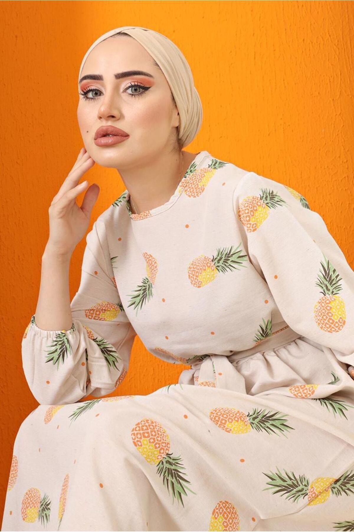 TRENDTESETTÜR Kadın Sarı Ananas Desenli Keten Elbise 5152