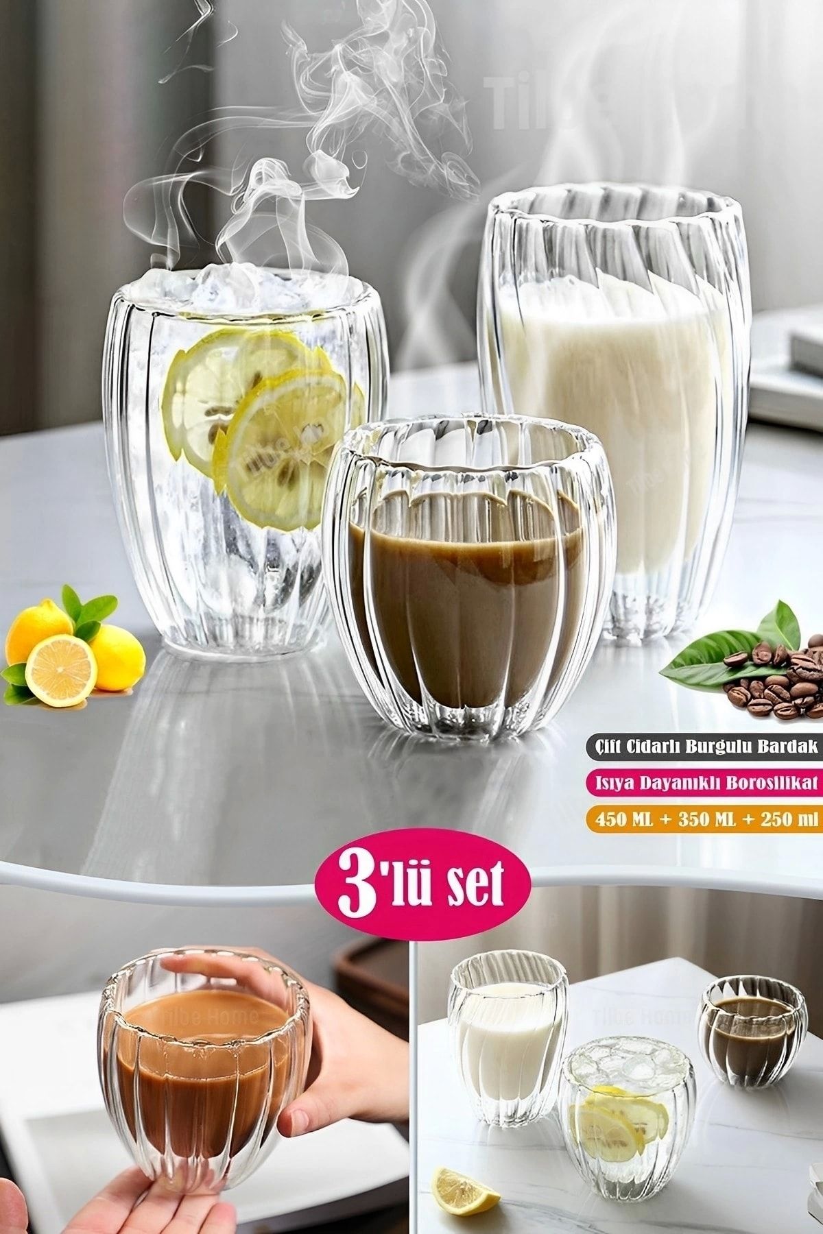 Tilbe Home 3'lü Çift Cidarlı Burgulu Kristal Cam Bardağı Çay Süt Kahve Kupası Sıcak & Soğuk Retro Bardak Seti
