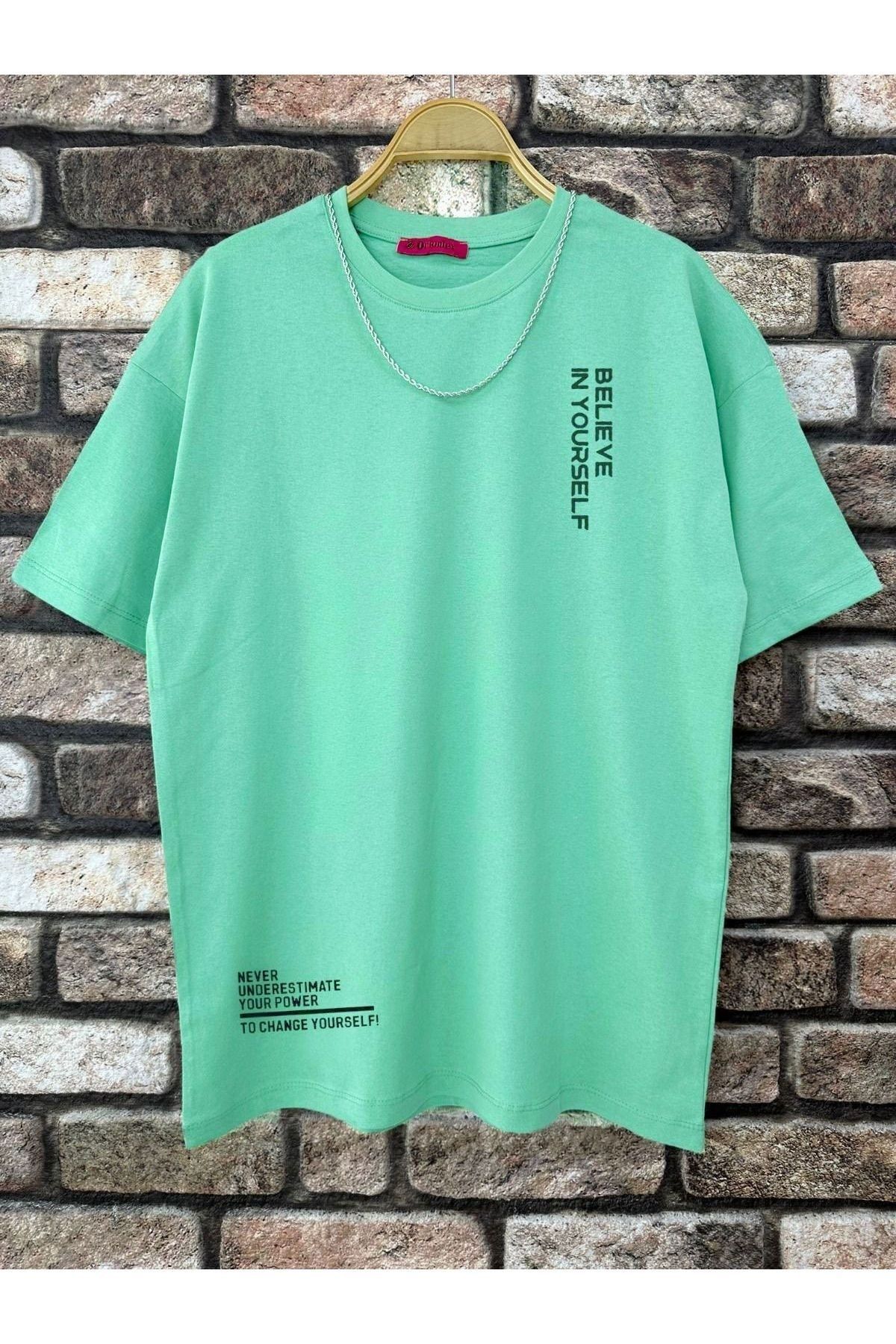 Altamira Erkek Su Yeşili Believe Baskılı Oversize T-shirt