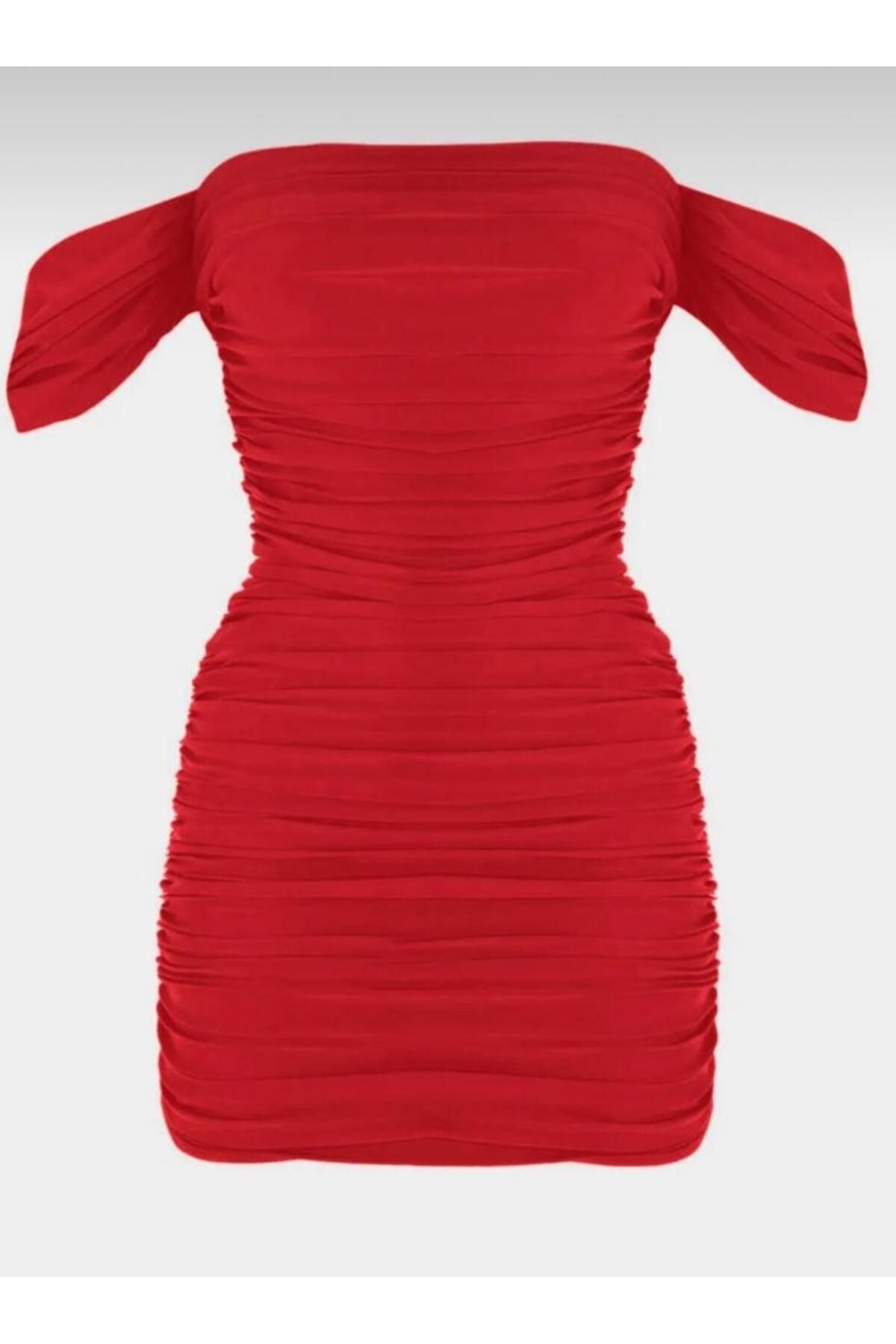 Zagrep Kadın Kırmızı Drapeli Büzgülü Kollu Astarlı İç Göztermez Mini Elbise