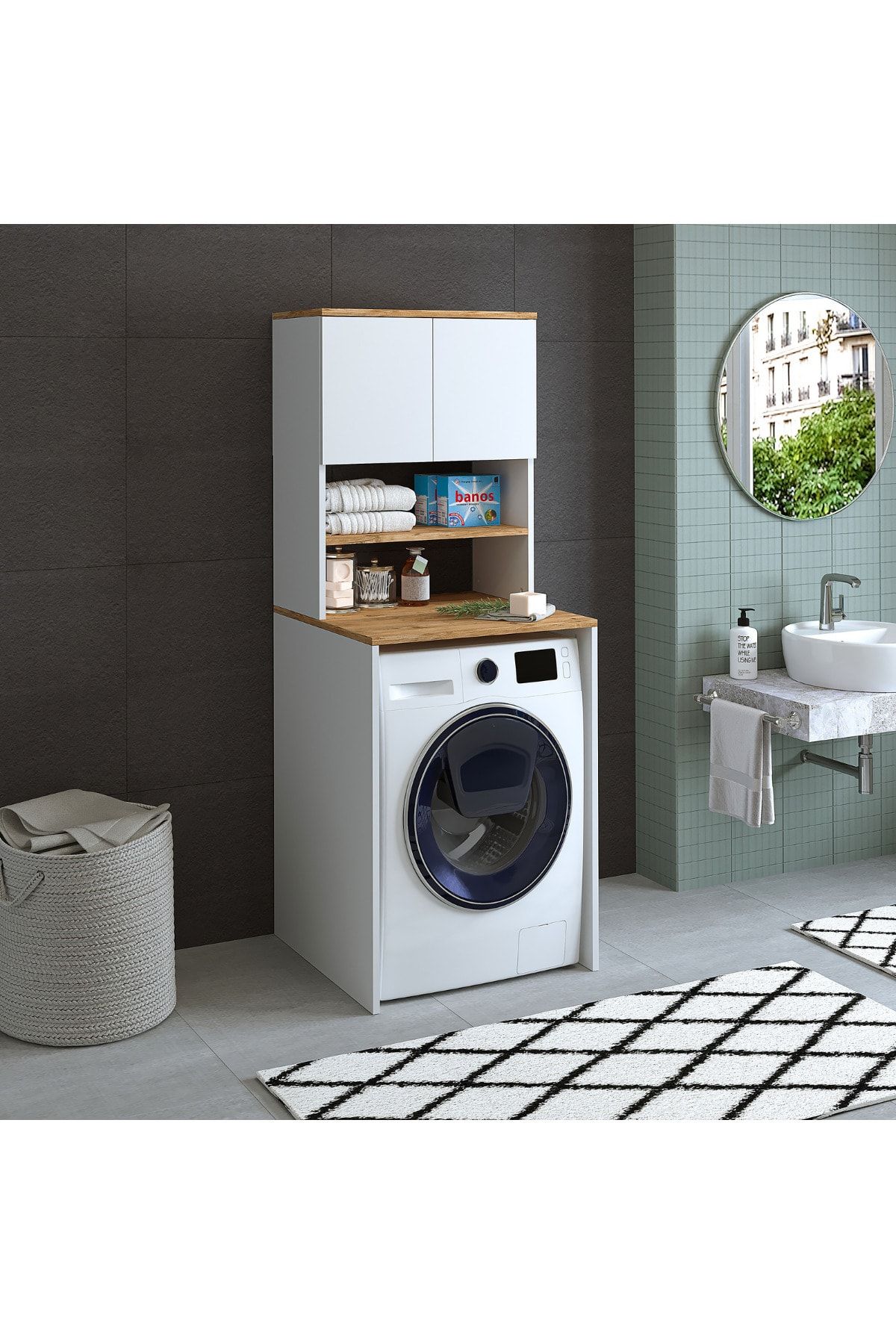 ROOMART Cd9 Çamaşır-kurutma Makinesi Dolabı 3 Raflı 2 Kapaklı Banyo Dolabı Mat Beyaz-ahşap 1712
