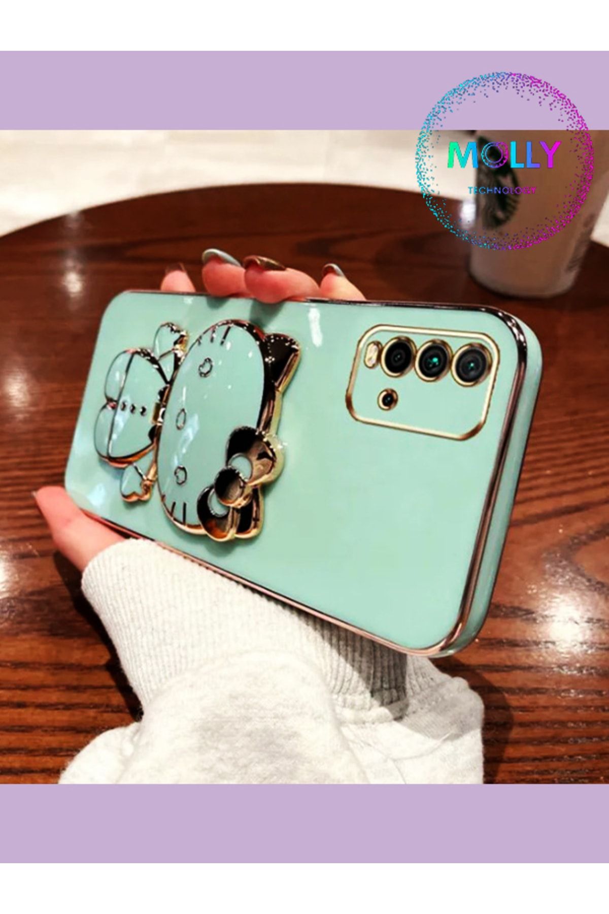 Molly Technology Xiaomi Redmi 9T İçin Su Yeşili Hello Kitty Standlı Kenarları Gold Detaylı Lüks Silikon Kılıf