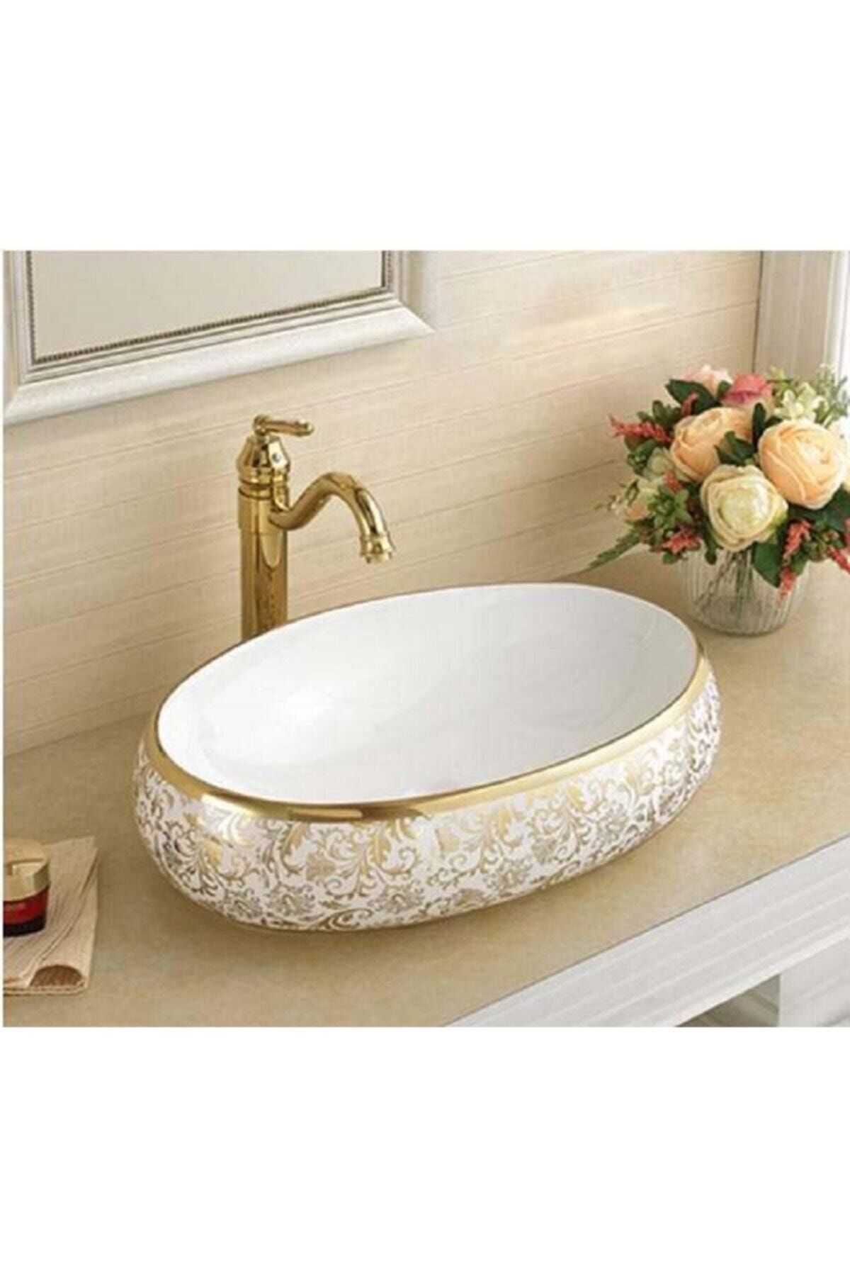 PUROSER Flower Gold Tezgah Üstü Çanak Lavabo