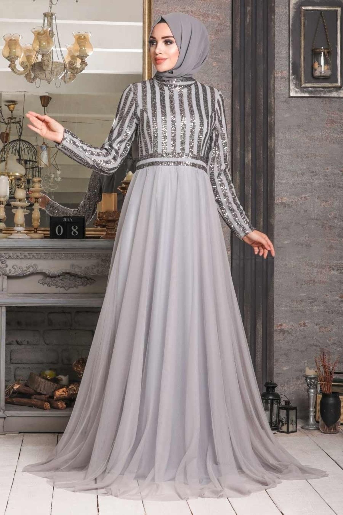 Neva Style Tesettürlü Abiye Elbise - Pul Payetli Gri Tesettür Abiye Elbise 5338gr