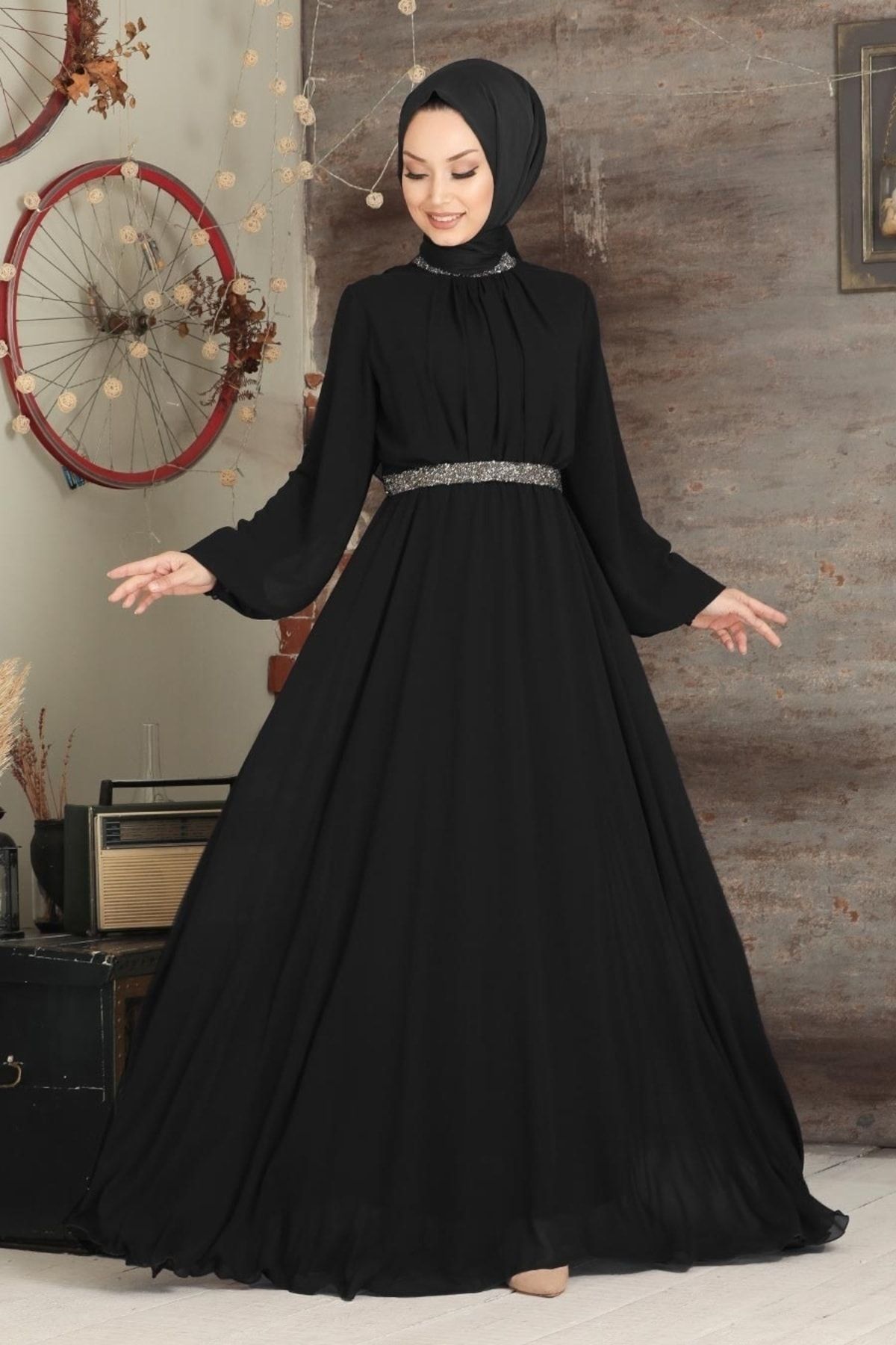 Neva Style Tesettürlü Abiye Elbise - Balon Kol Siyah Tesettür Abiye Elbise 5339s