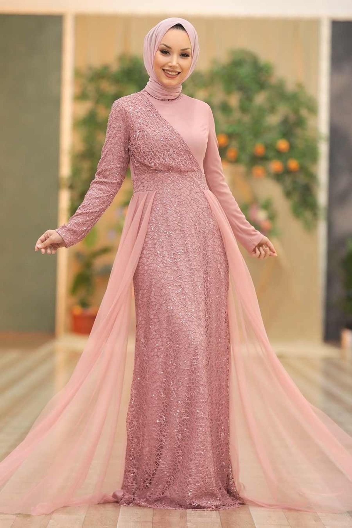 Neva Style Tesettürlü Abiye Elbise - Pul Payetli Pudra Tesettür Abiye Elbise 5345pd