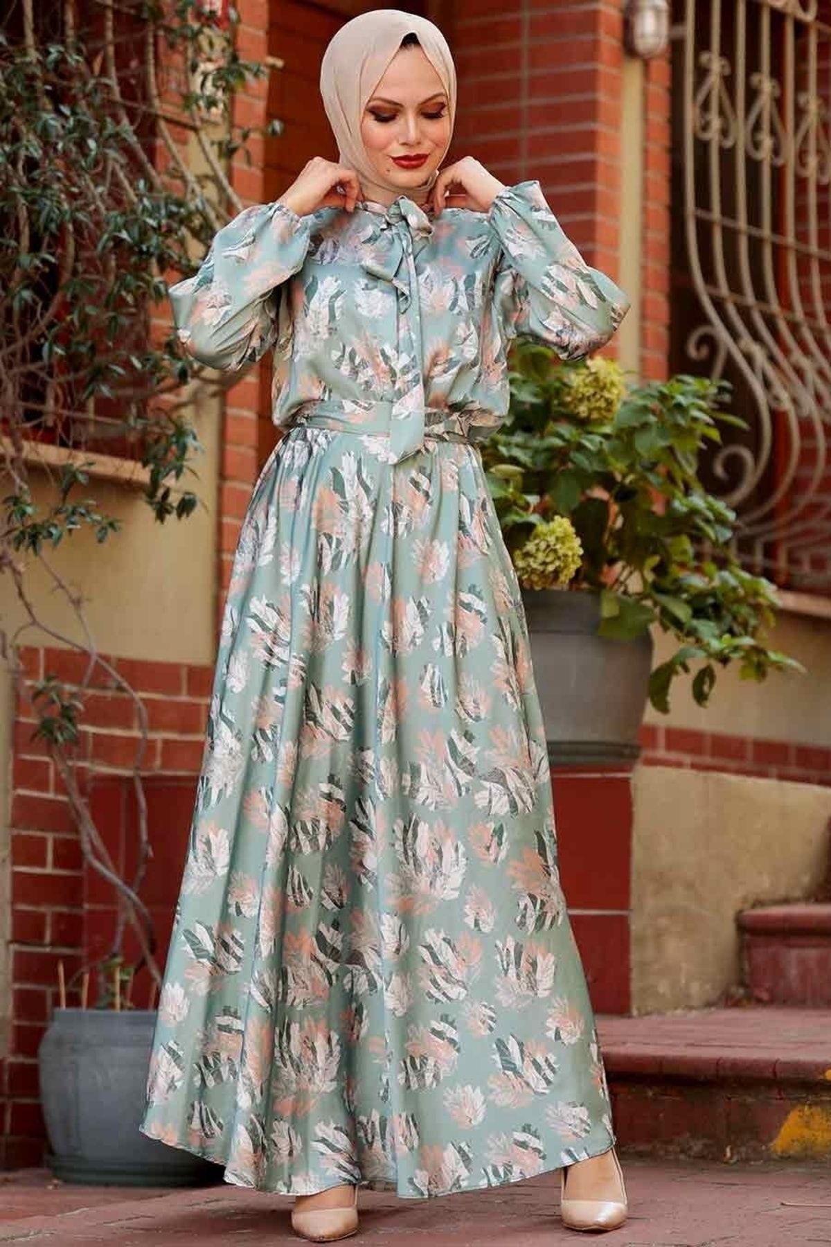 Neva Style Yakası Bağcıklı Çağla Yeşili Tesettür Elbise 2378cy