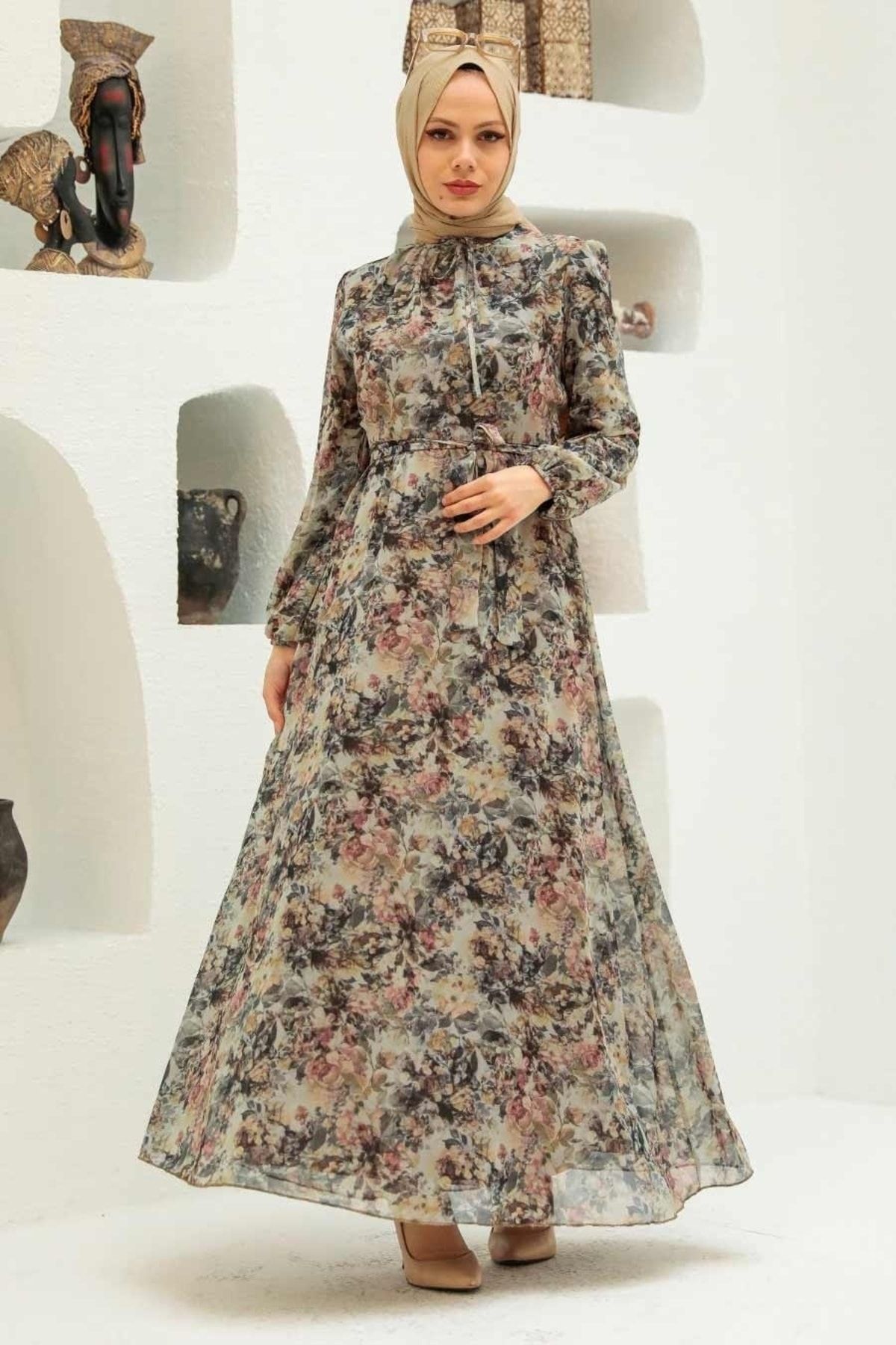 Neva Style - Çiçek Desenli Hardal Tesettür Elbise 279029hr