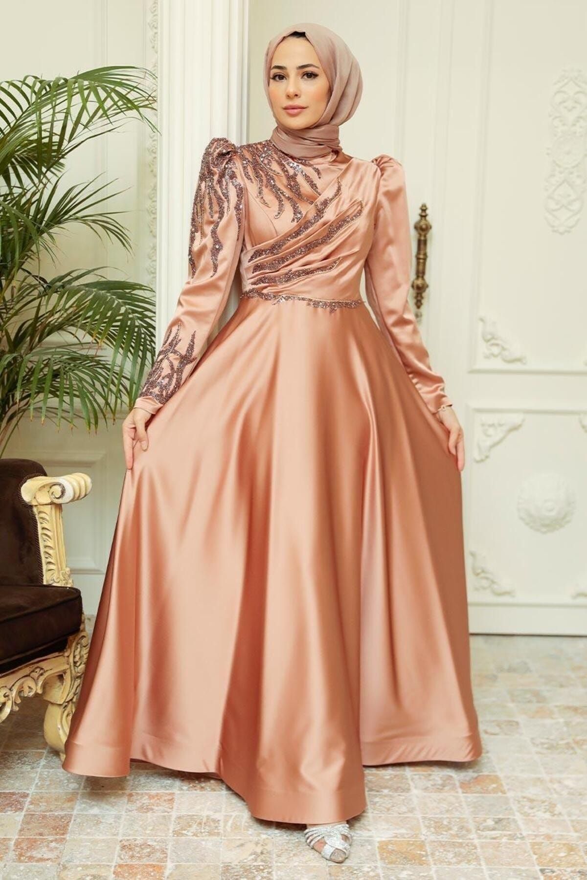 Neva Style Tesettürlü Abiye Elbise - Boncuk Işlemeli Bakır Saten Tesettür Abiye Elbise 2239bkr