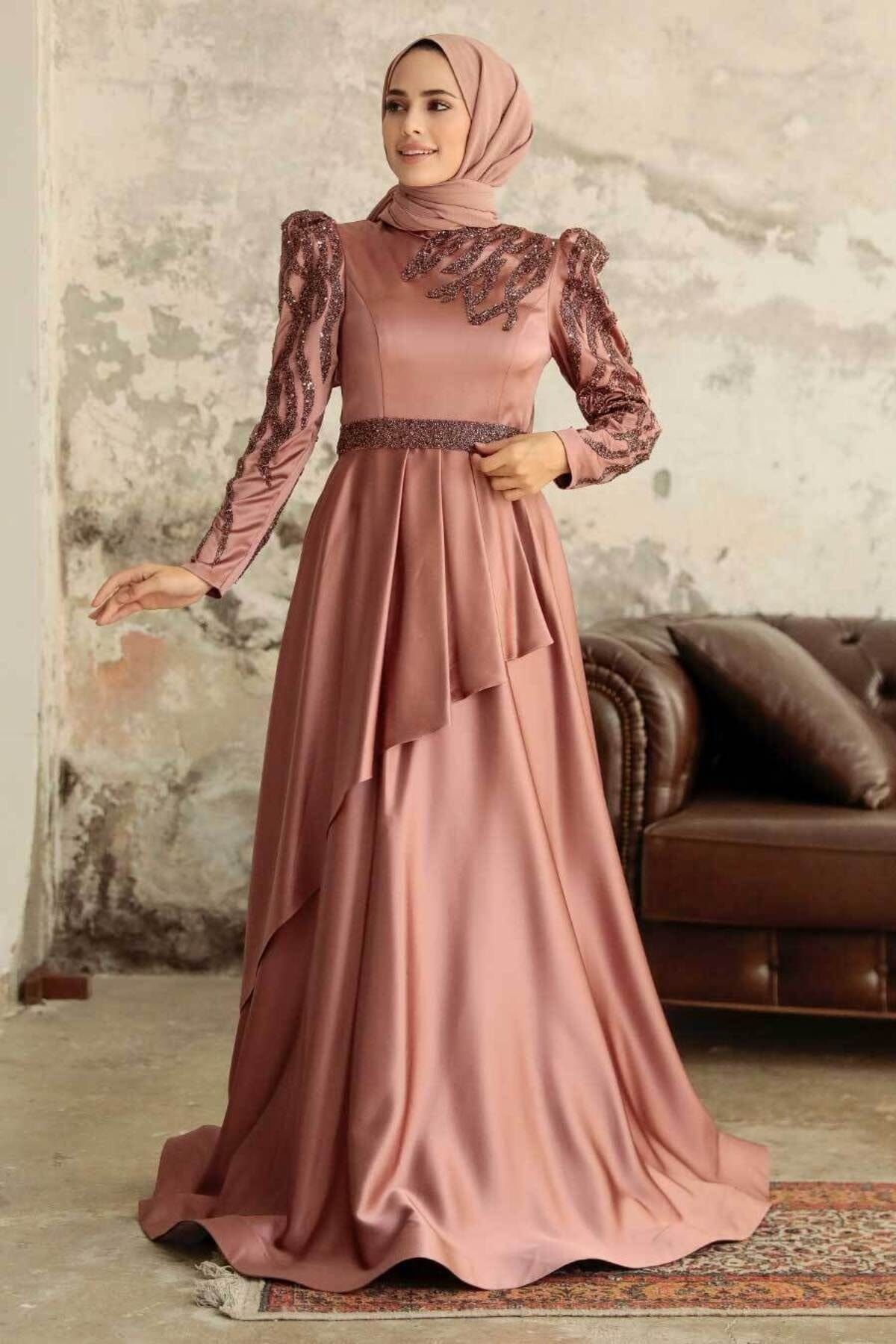 Neva Style Tesettürlü Abiye Elbise - Boncuk Işlemeli Bakır Saten Tesettür Abiye Elbise 22671bkr