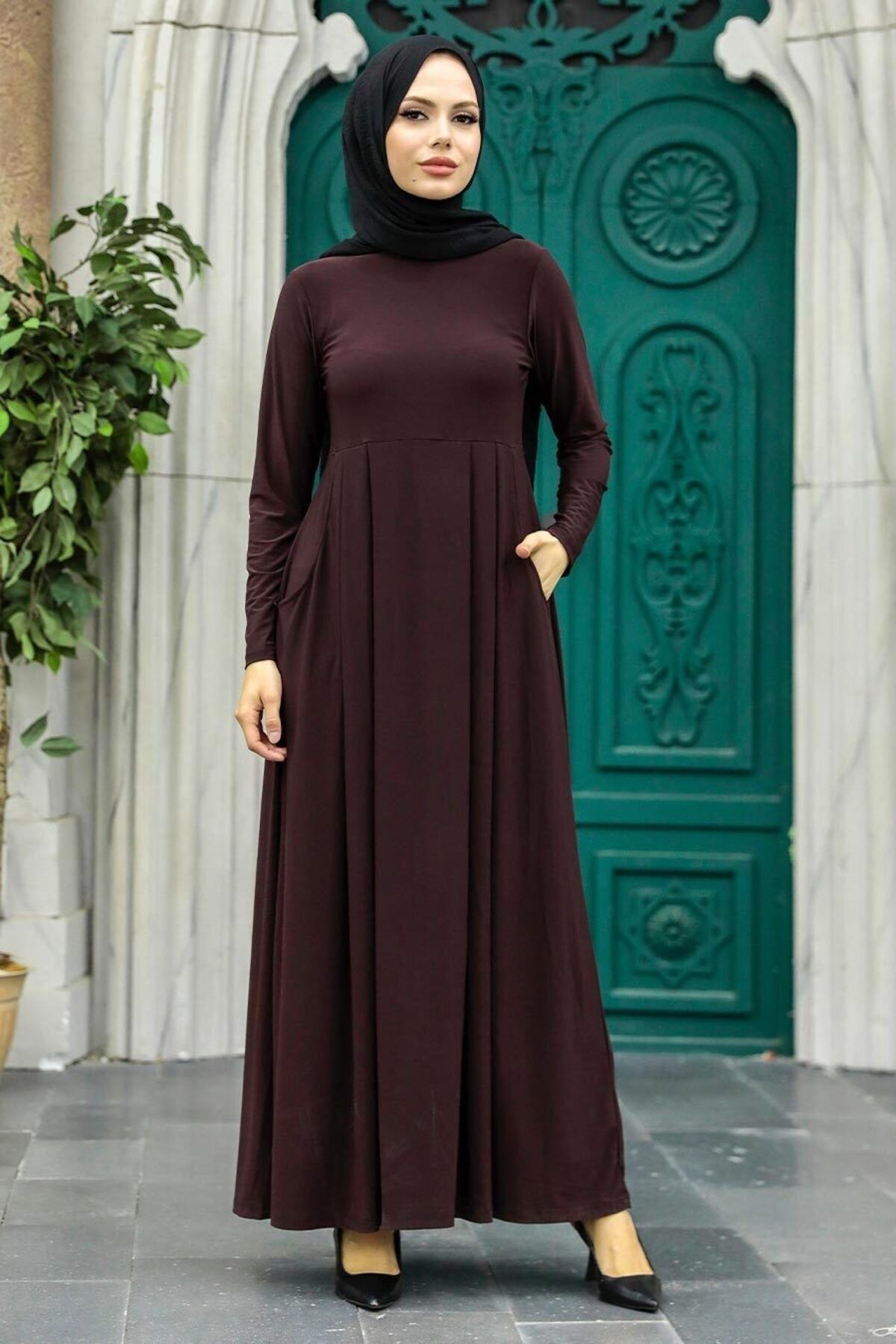 Neva Style - Cepli Koyu Kahverengi Tesettür Elbise 18130kkh