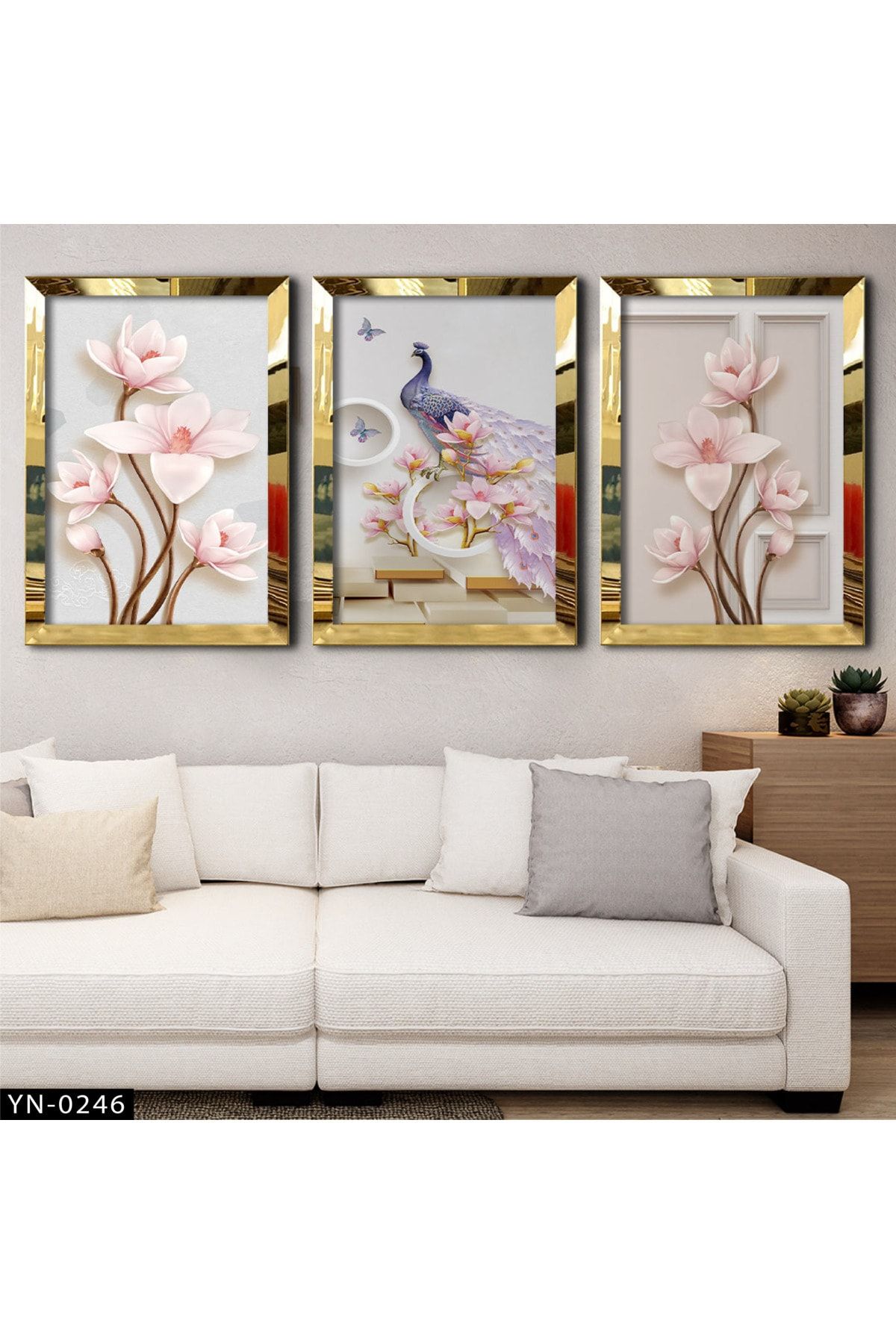 hanhomeart Üç Boyutlu Çiçekler - Tavus Kuşu - Gold Ayna Çerçeveli Tablo 3'lü Set-hyn-0246