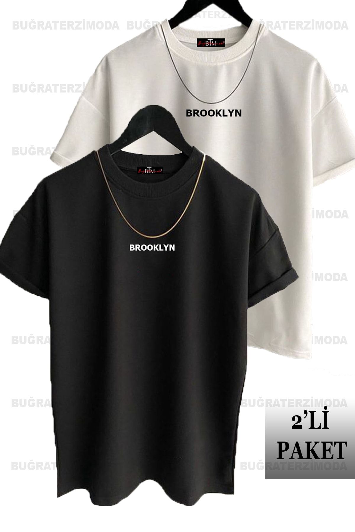 Buğraterzimoda Brooklyn Baskılı Unisex Siyah-Beyaz 2'li Oversize T-Shirt Paketi