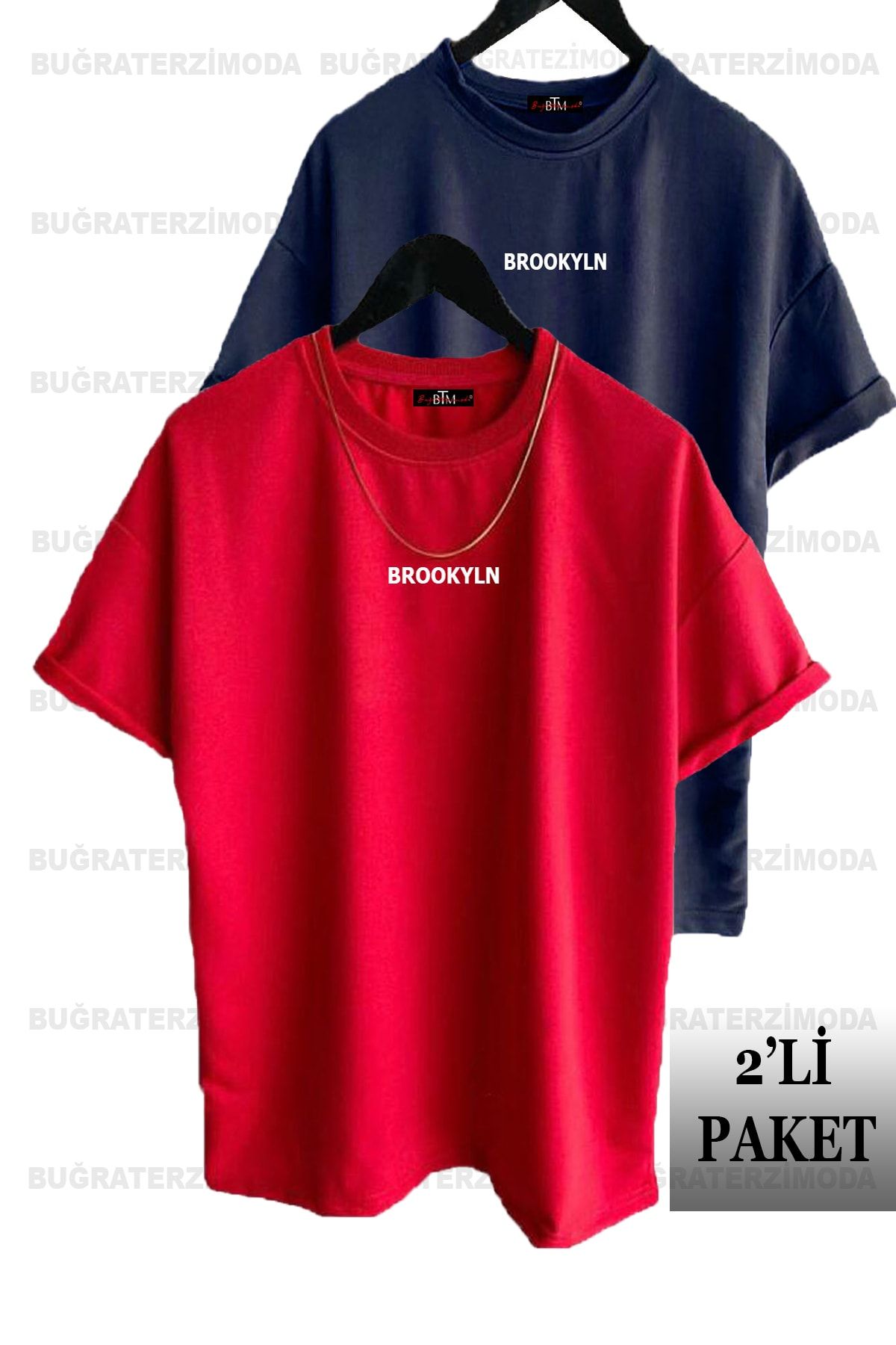 Buğraterzimoda Brooklyn Baskılı Unisex Lacivert-Kırmızı 2'li Oversize T-Shirt Paketi