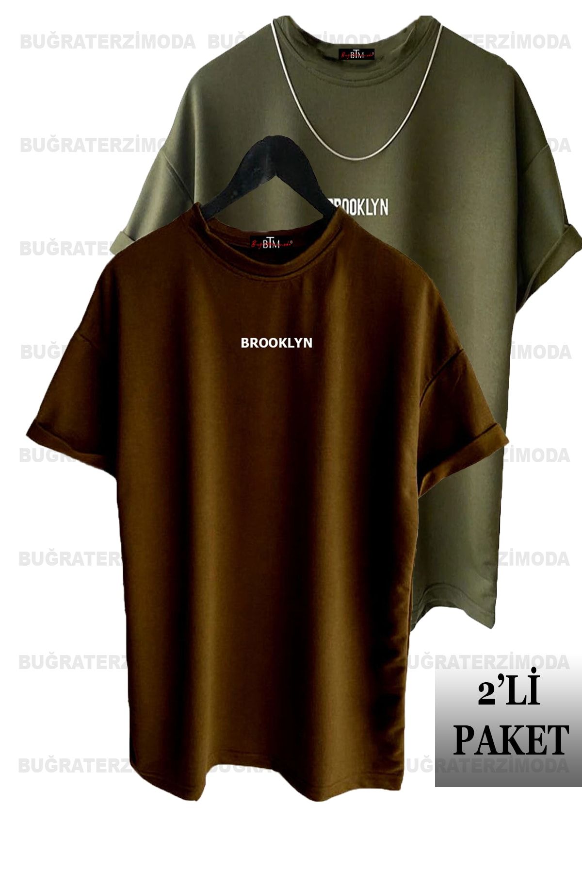 Buğraterzimoda Brooklyn Baskılı Unisex Haki-Kahverengi 2'li Oversize T-Shirt Paketi