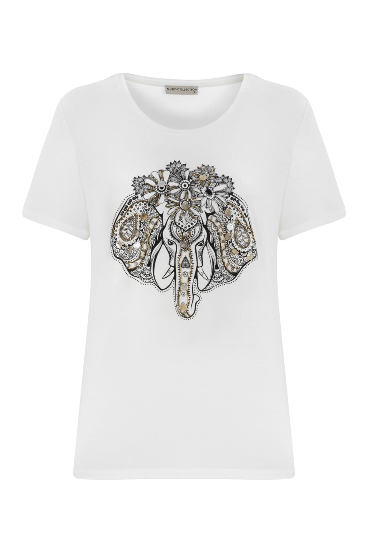 Mudo Kadın Beyaz Boncuk Işlemeli Baskılı Bisiklet Yaka T-Shirt 345053