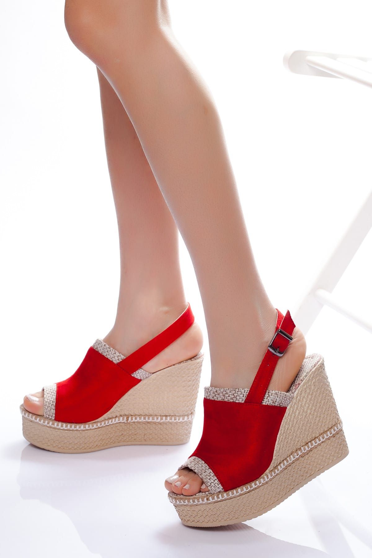 derithy Kırmızı Süet Kadın Dolgu Topuklu Ayakkabı ABN0402