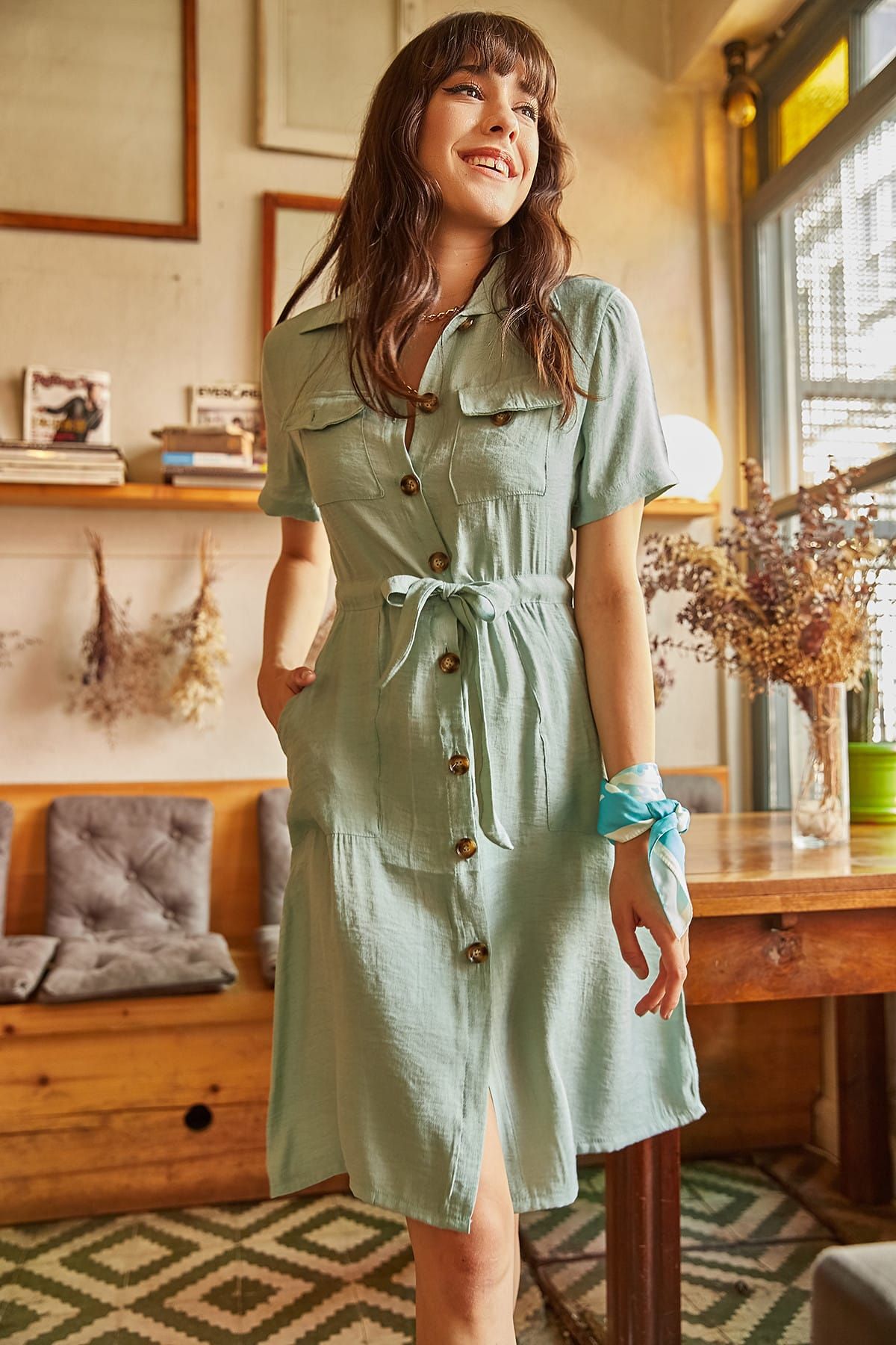 Olalook Kadın Su Yeşili Cepli Bağcıklı Bodrum Gömlek Elbise ELB-19000446