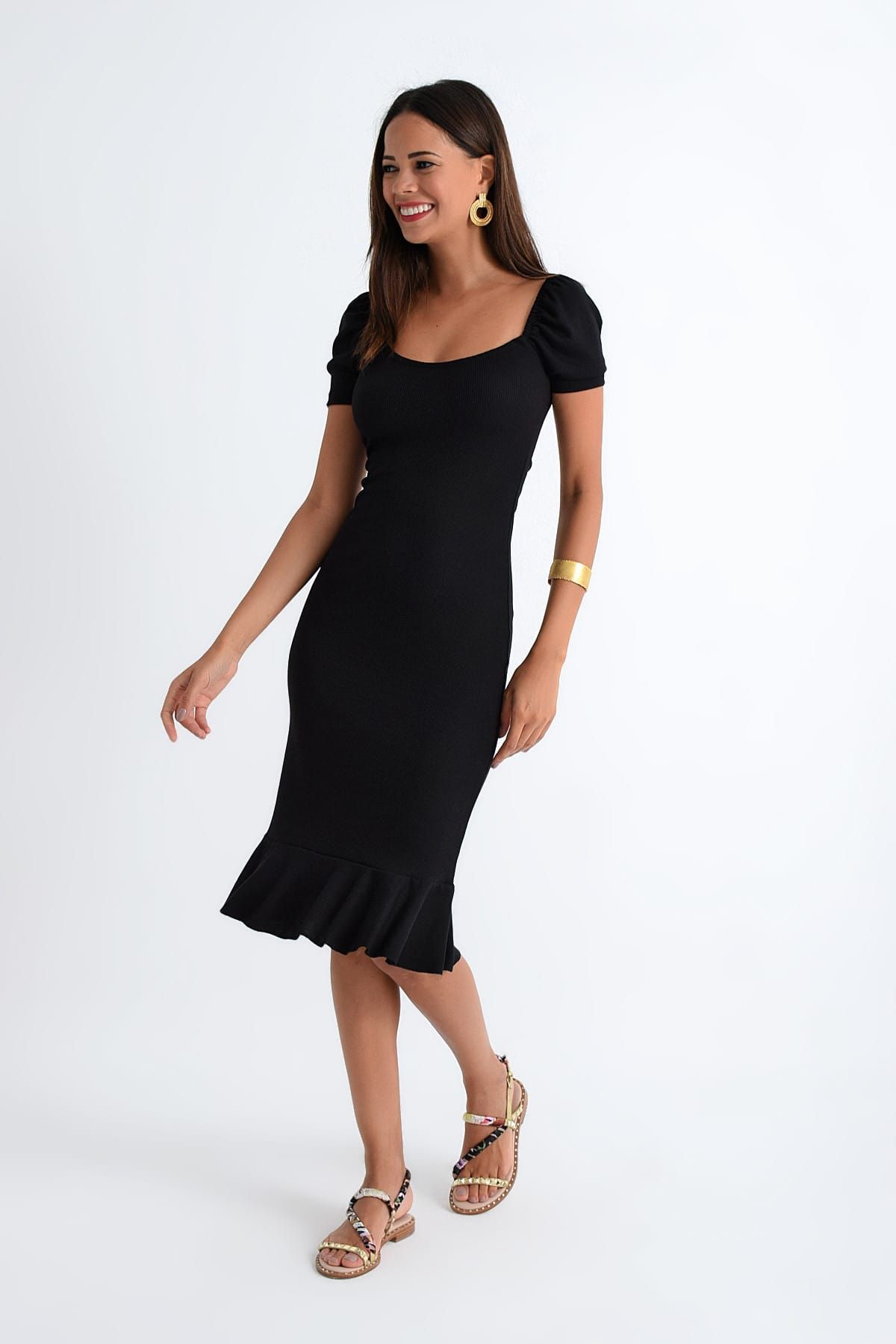 Cool & Sexy Kadın Siyah Eteği Volanlı Elbise Yİ1433