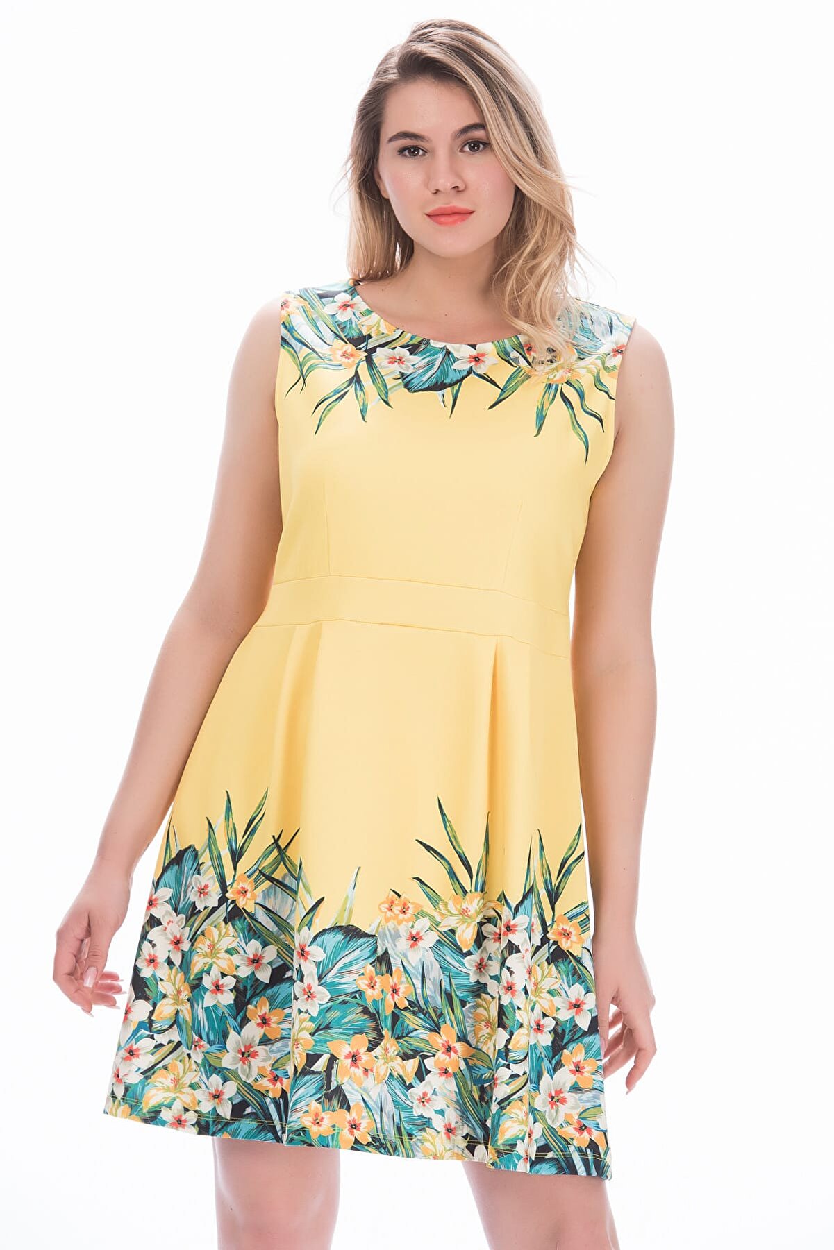 Şans Kadın Sarı Çiçek Desenli Elbise 65N11194