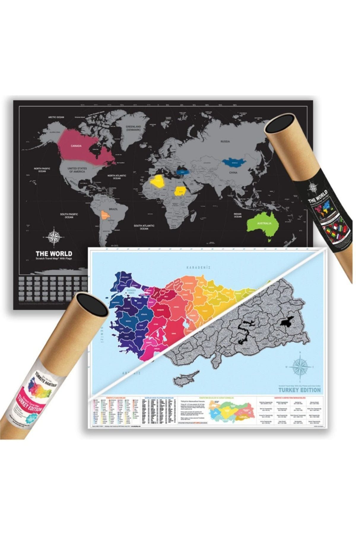 Scratch Map Eyaletli Kazınabilir Scratch Map Dünya + Türkiye 2'Li Harita Seti Büyük Boy 2020 Versiyon