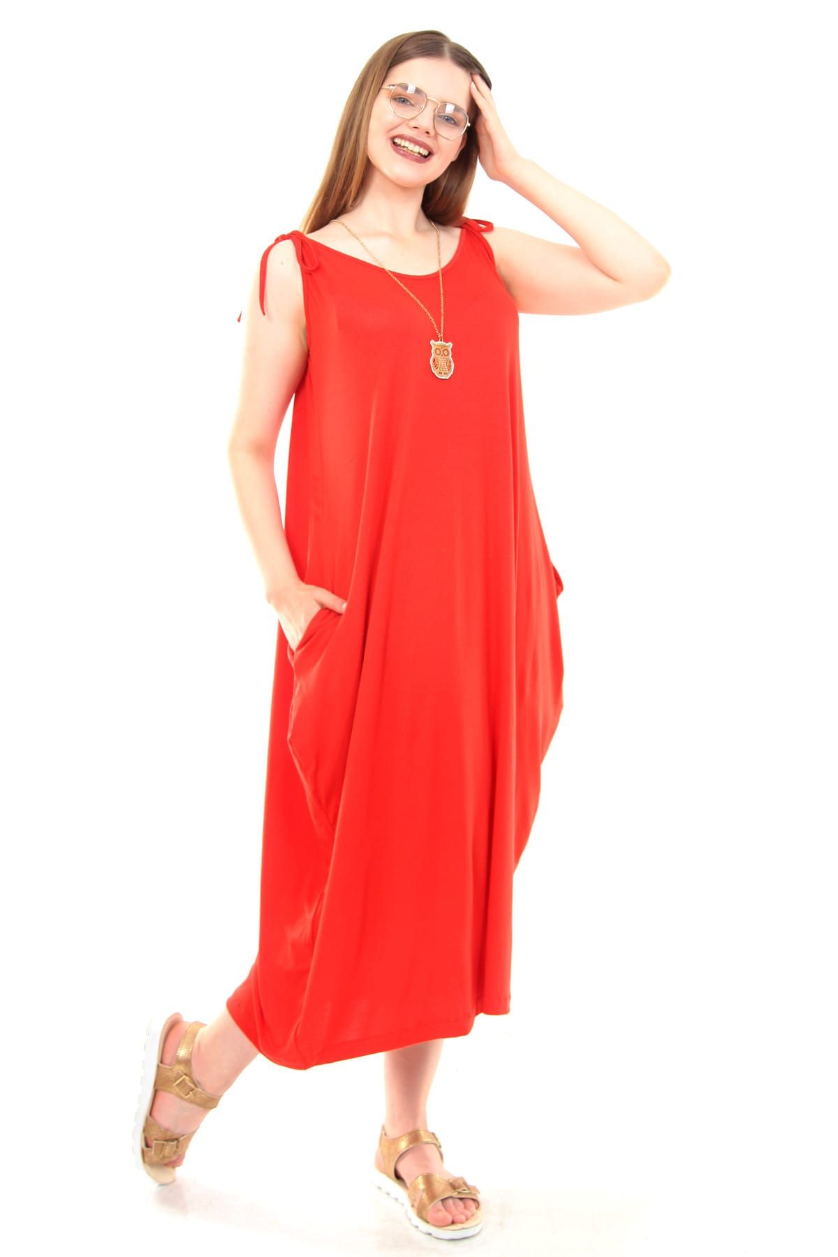 Moda Cazibe Kadın Kırmızı İp Askılı Jumbo Salaş Elbise M9199