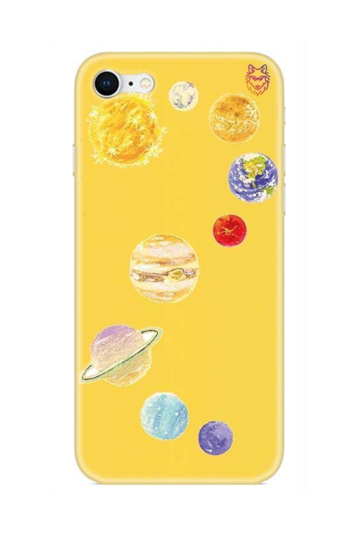 Wolf Dizayn iPhone 8 Sarı Silikon Kılıf - Planets