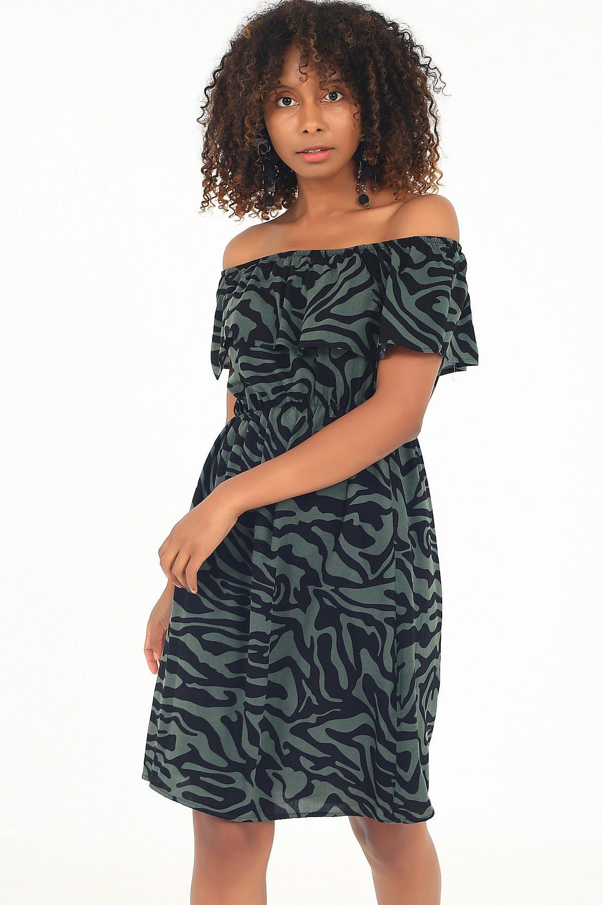 MissThetis Kadın Yeşil-Siyah Göğüs Katli Zebra Desen Bel Lastik Elbise 18Y0180040