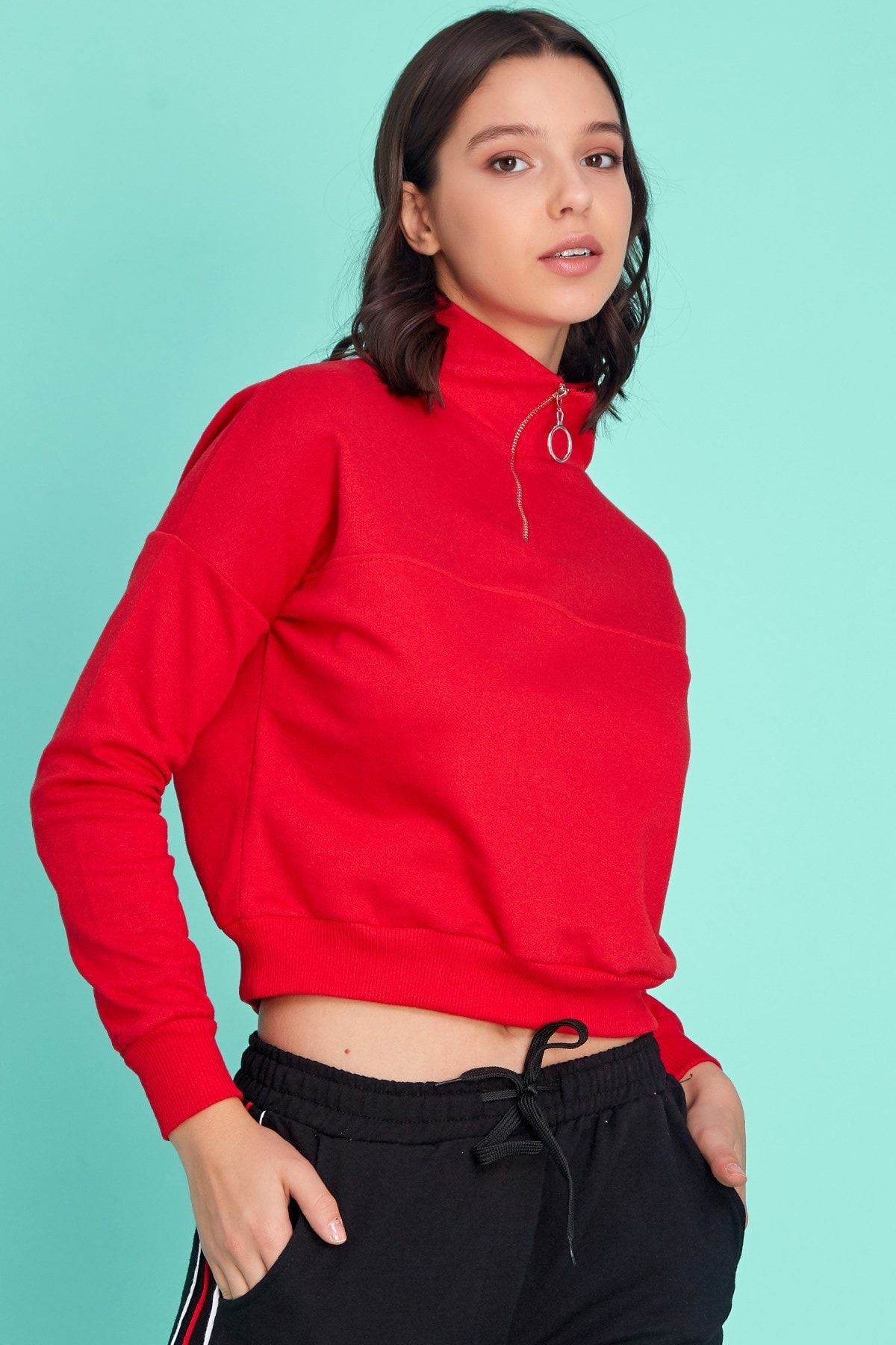 Fullamoda Kadın Kırmızı Fermuarlı Kırmızı Sweatshirt 20KGB890124290